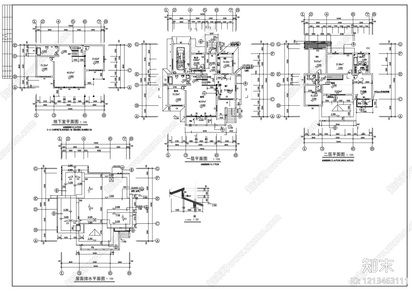 中式别墅建筑cad施工图下载【ID:1213463111】