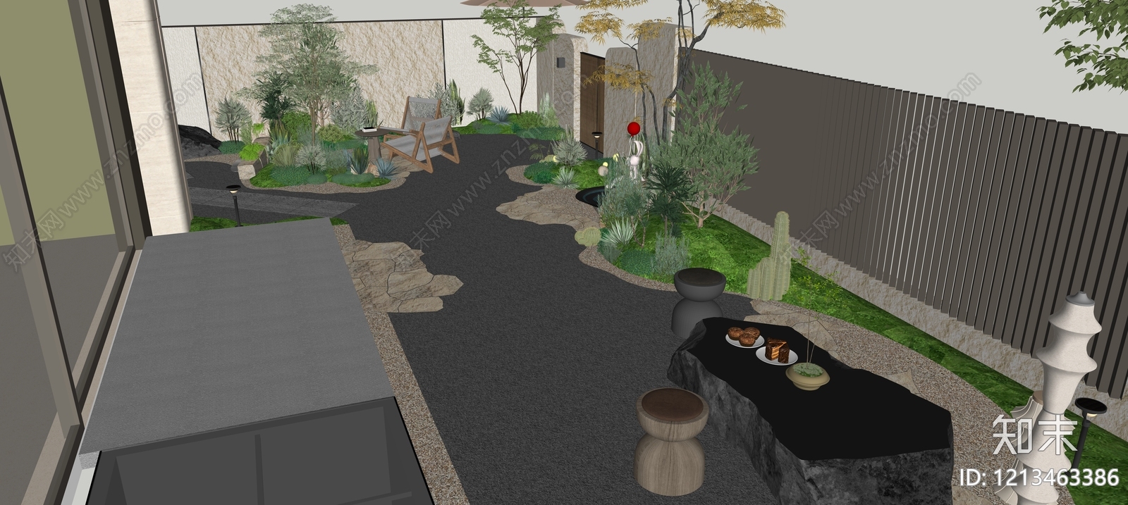 新中式景观别墅庭院SU模型下载【ID:1213463386】