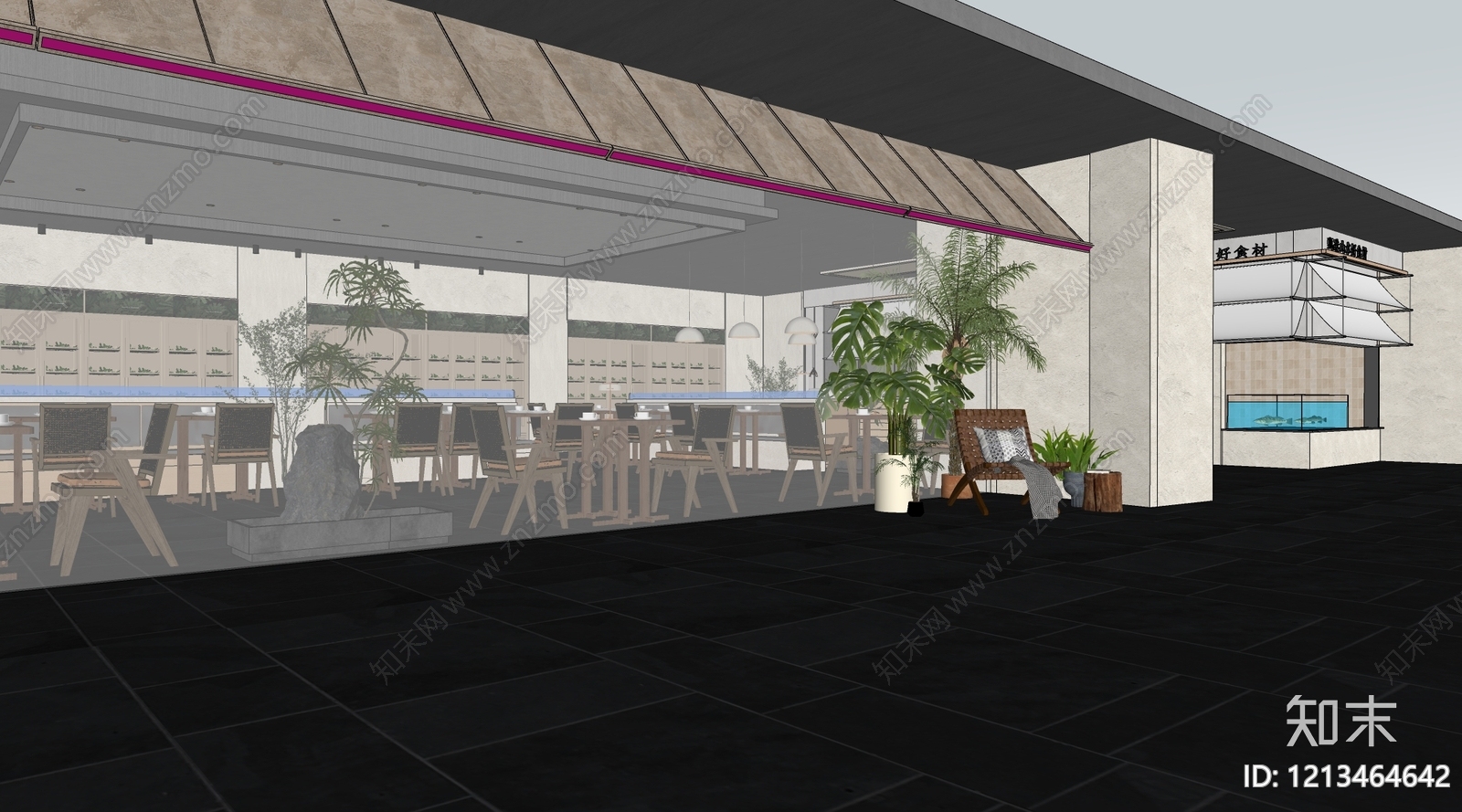 新中式酒店餐厅SU模型下载【ID:1213464642】