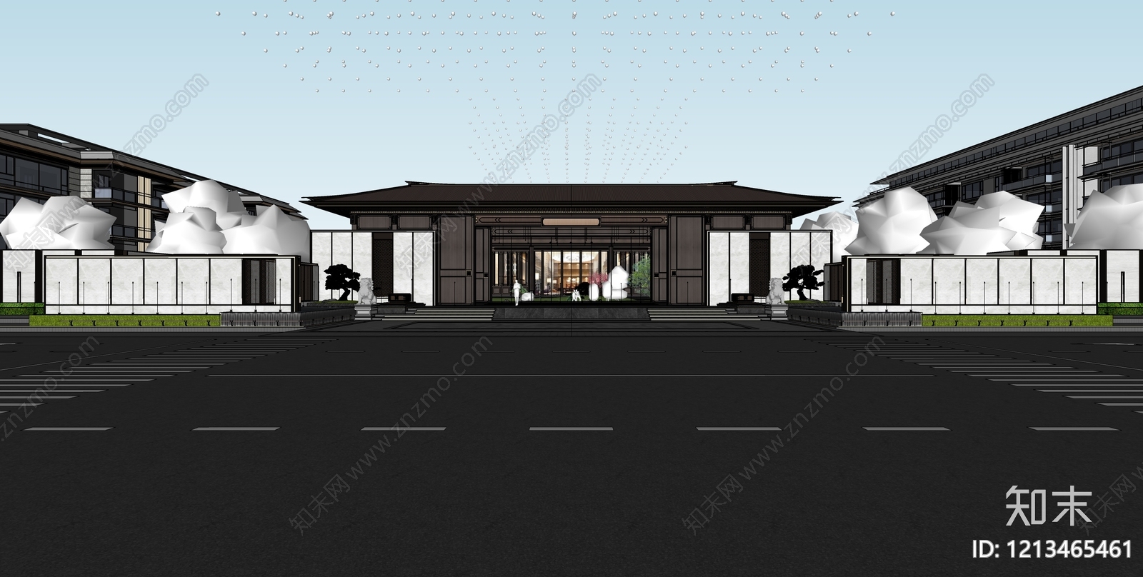 新中式售楼处建筑SU模型下载【ID:1213465461】