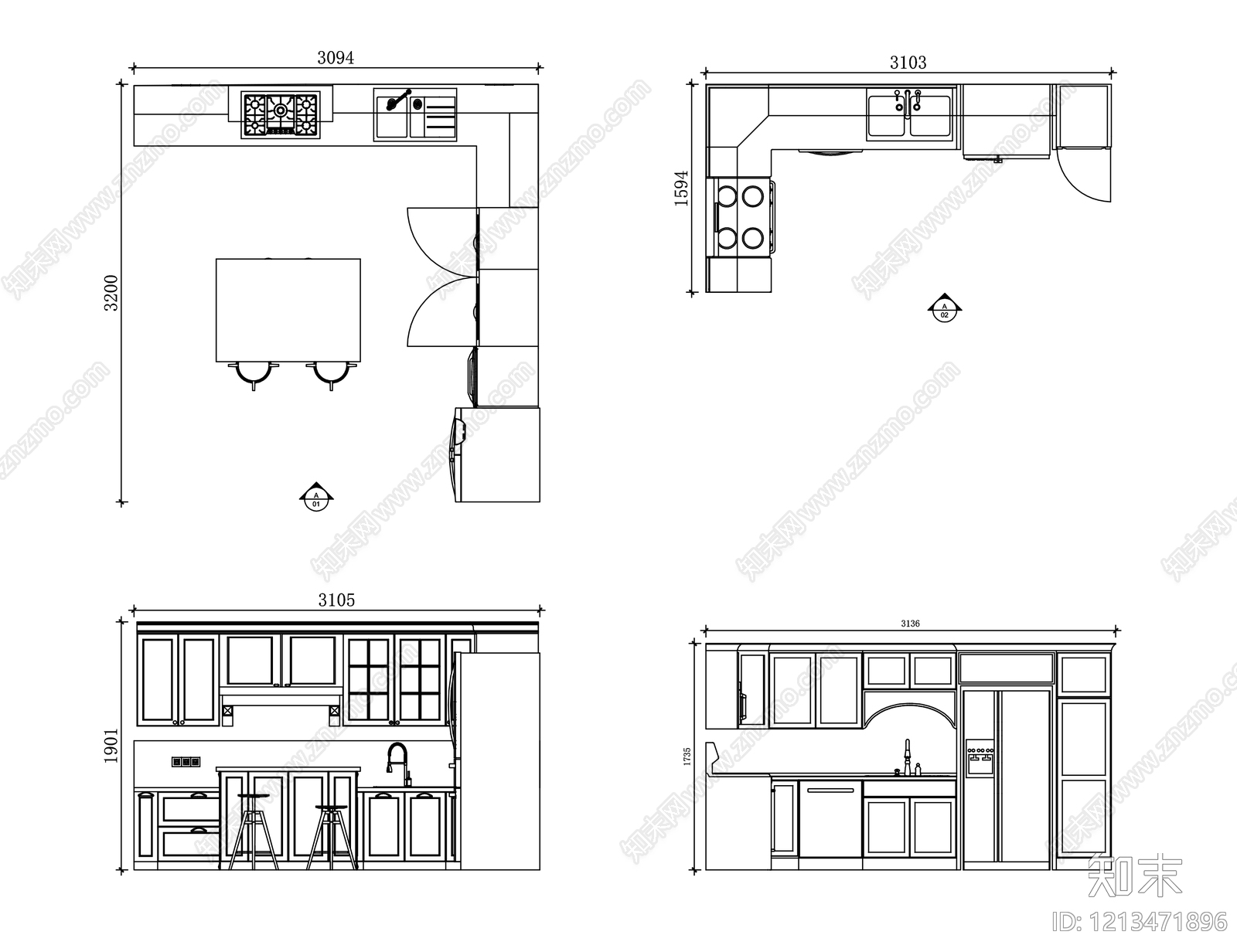 现代厨房施工图下载【ID:1213471896】