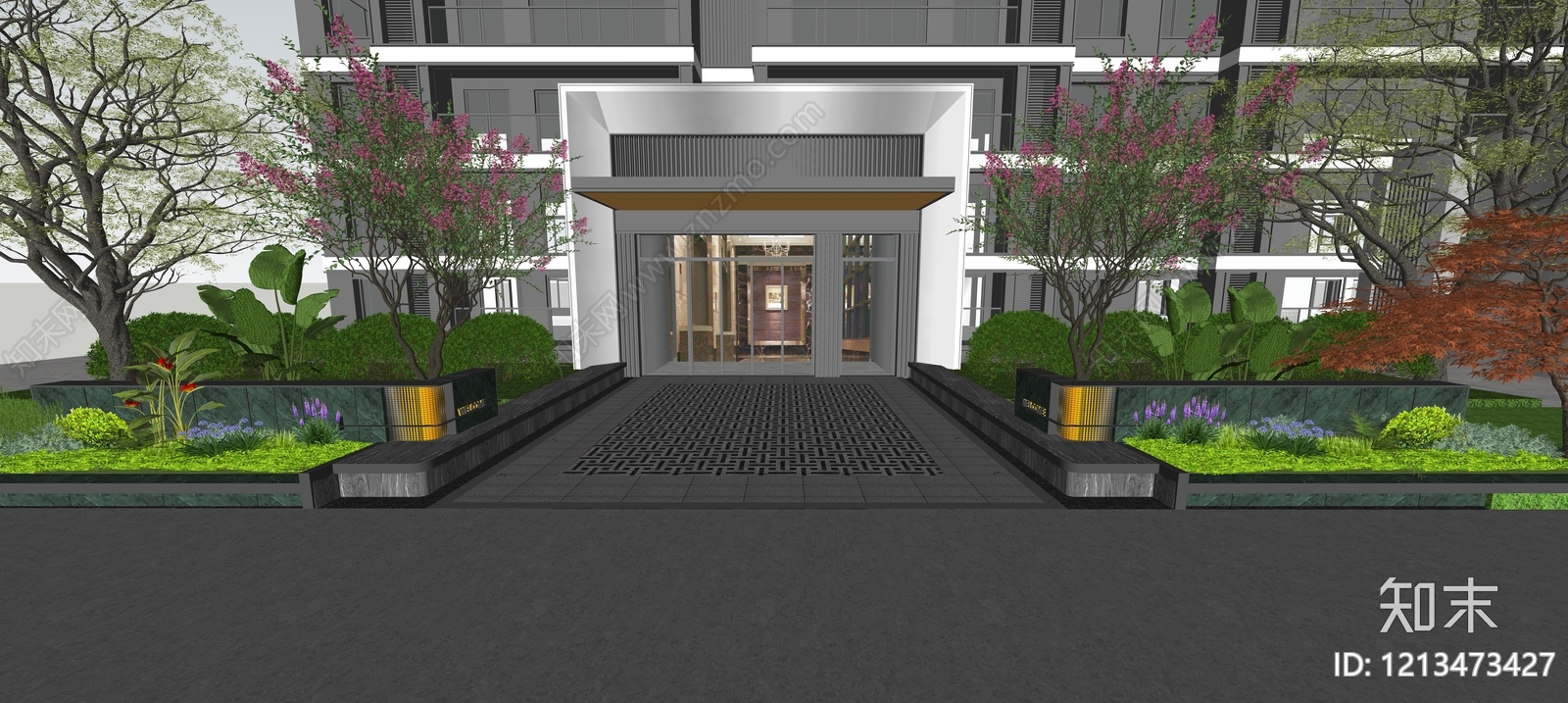 新中式小高层住宅楼SU模型下载【ID:1213473427】