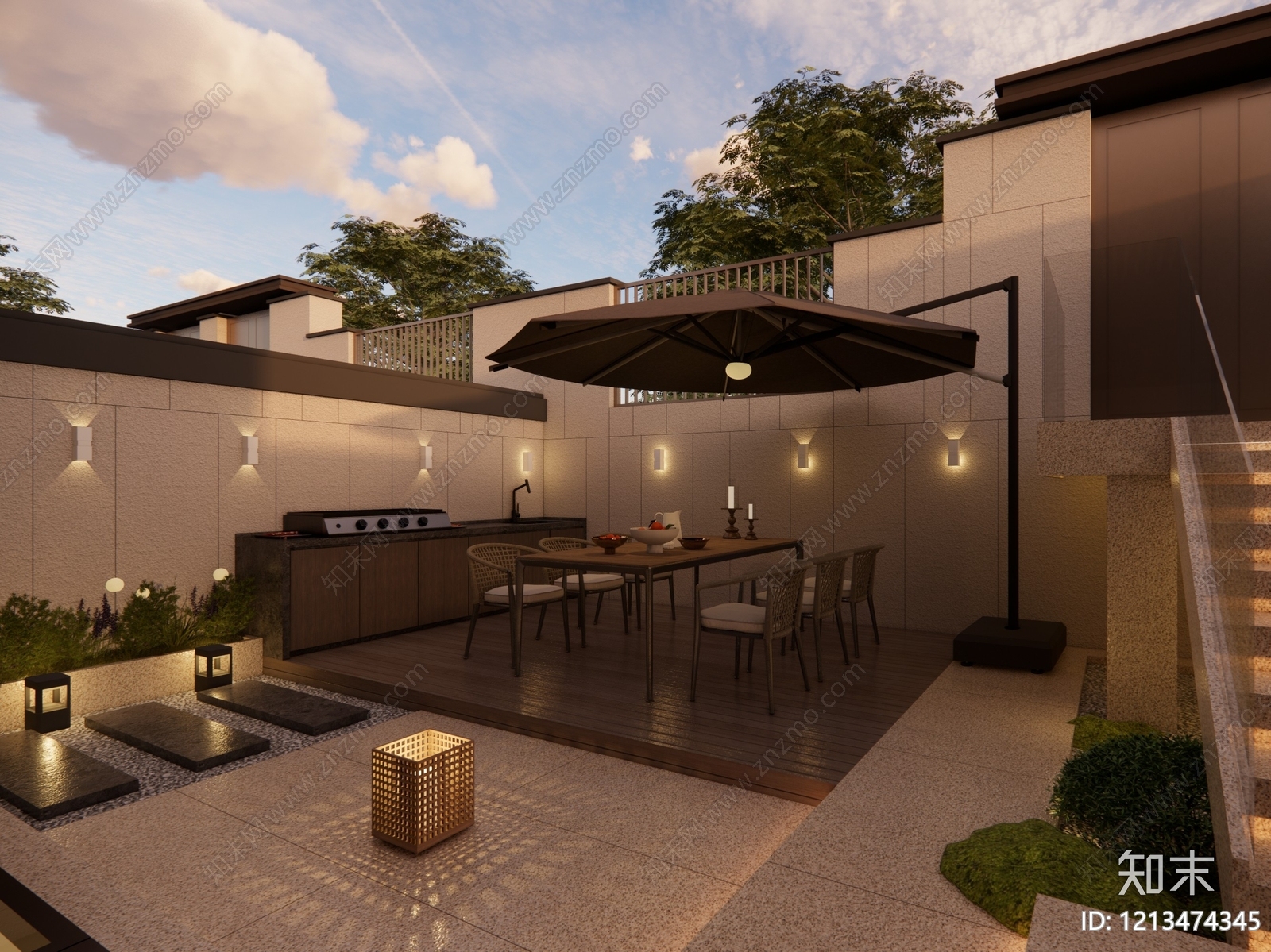 新中式别墅庭院SU模型下载【ID:1213474345】