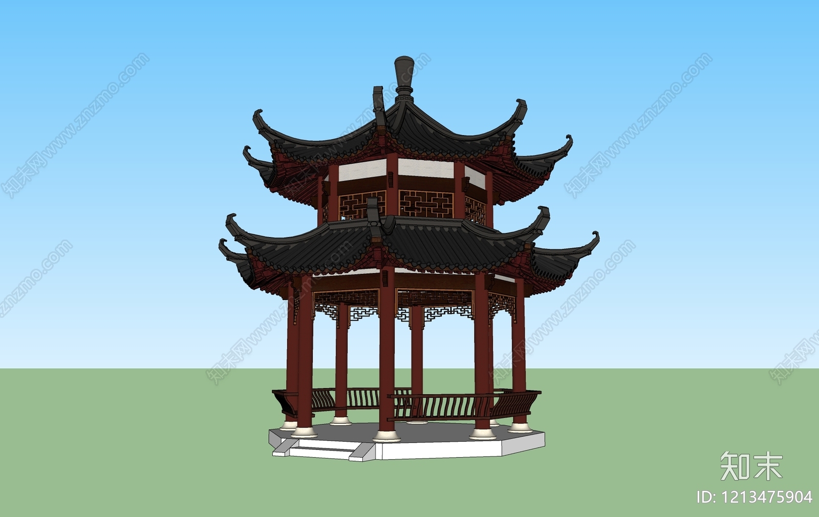 新中式古建筑SU模型下载【ID:1213475904】