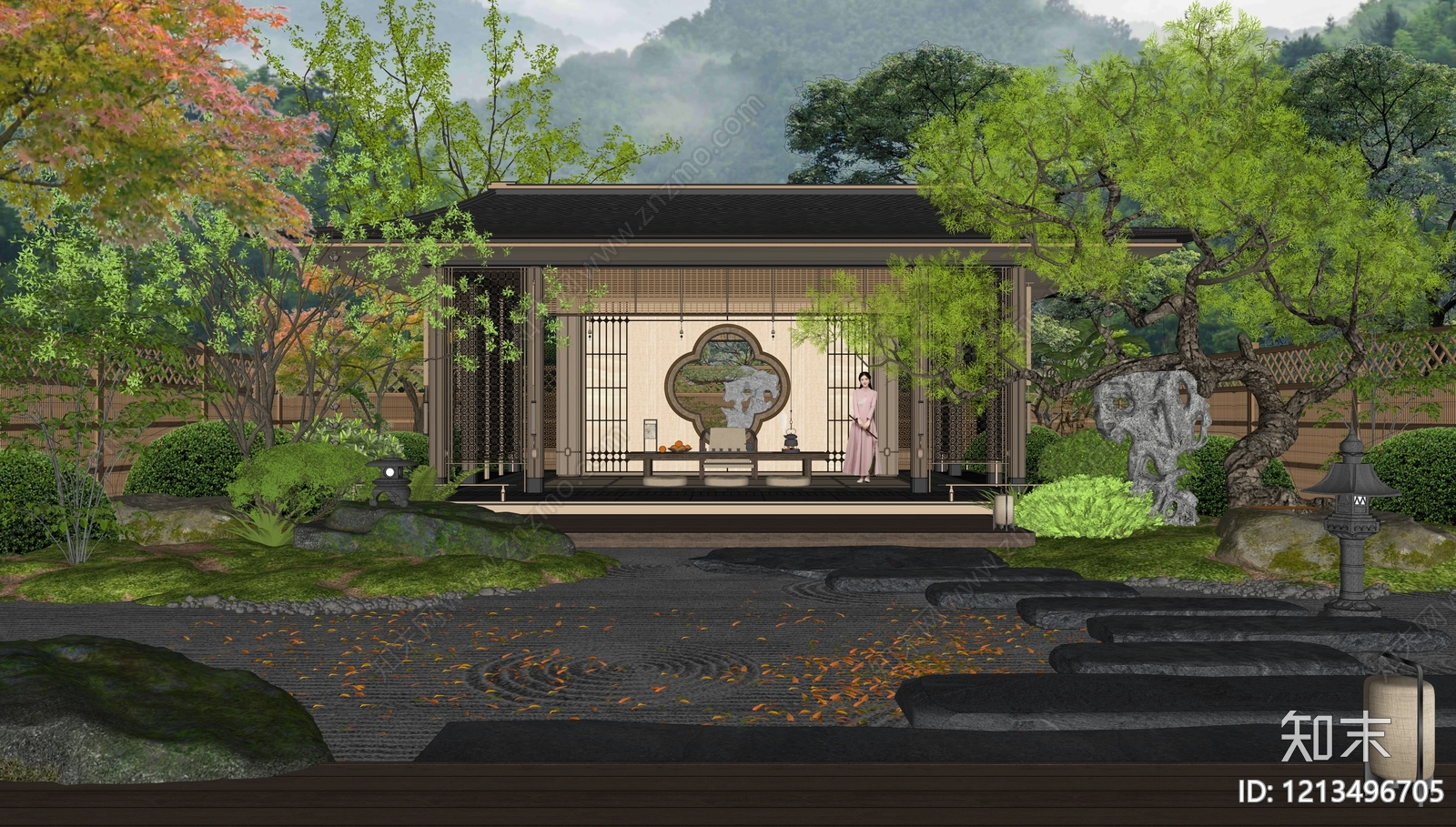 新中式别墅庭院SU模型下载【ID:1213496705】