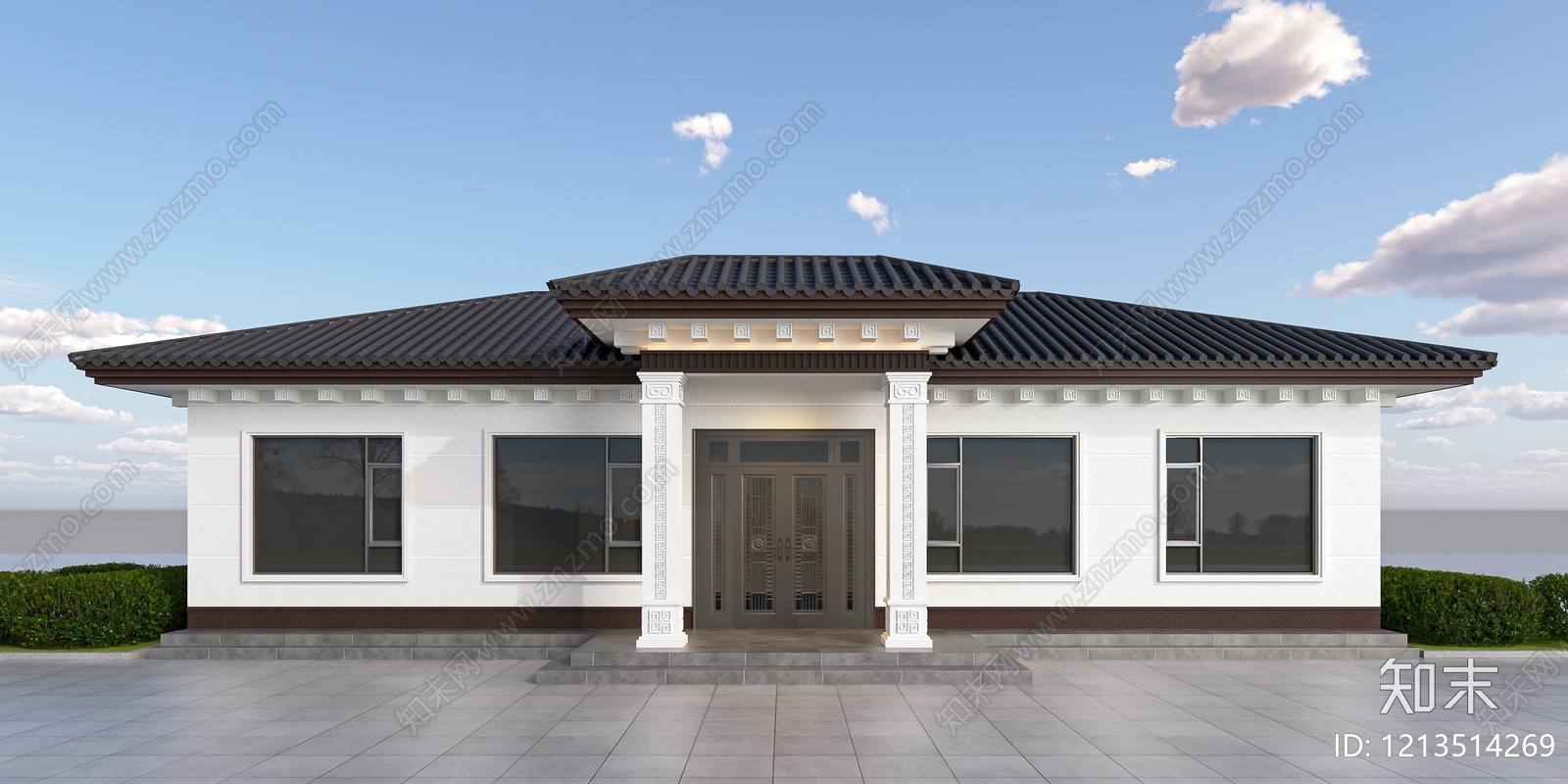 新中式别墅外观3D模型下载【ID:1213514269】