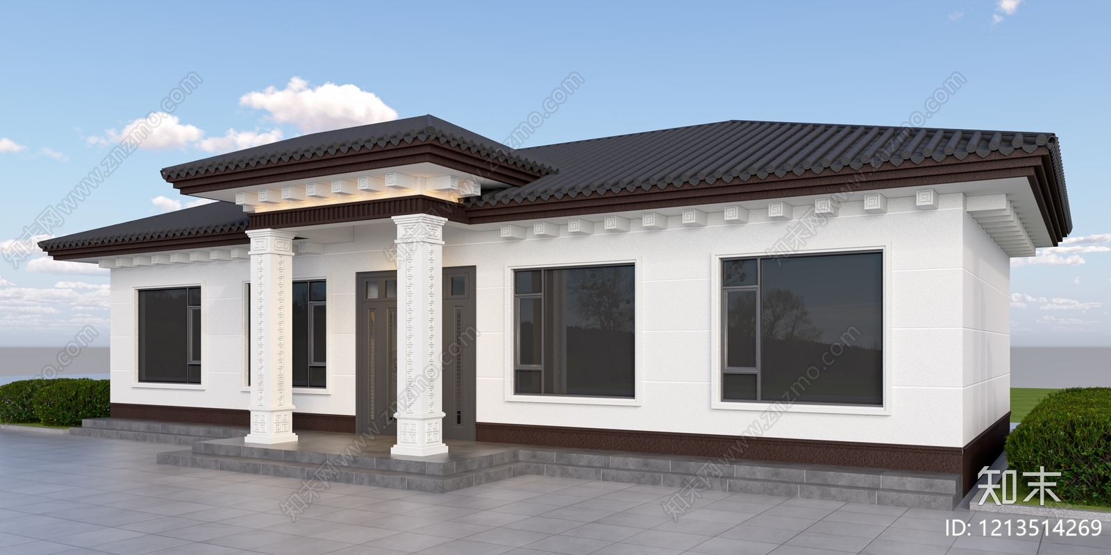 新中式别墅外观3D模型下载【ID:1213514269】