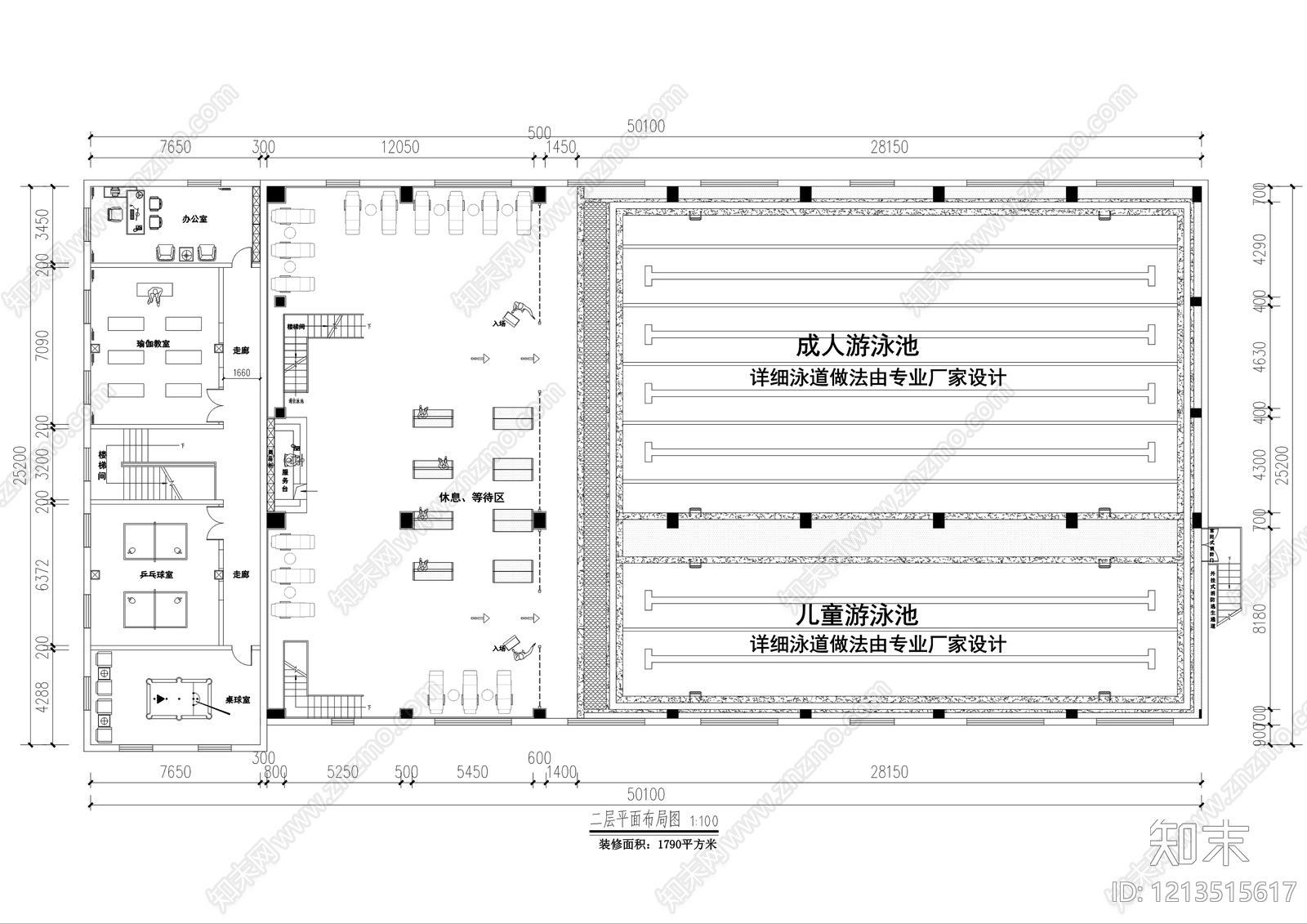现代游泳馆cad施工图下载【ID:1213515617】