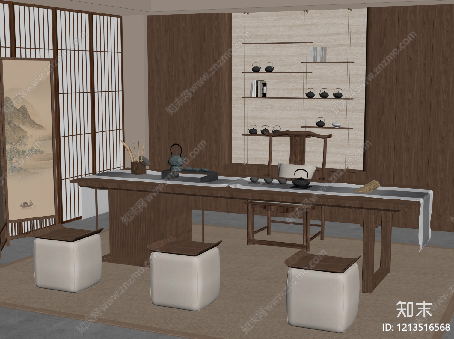 新中式茶室SU模型下载【ID:1213516568】