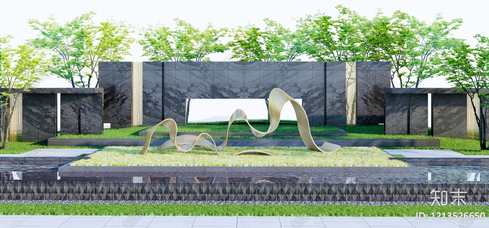 新中式景观景墙SU模型下载【ID:1213526650】