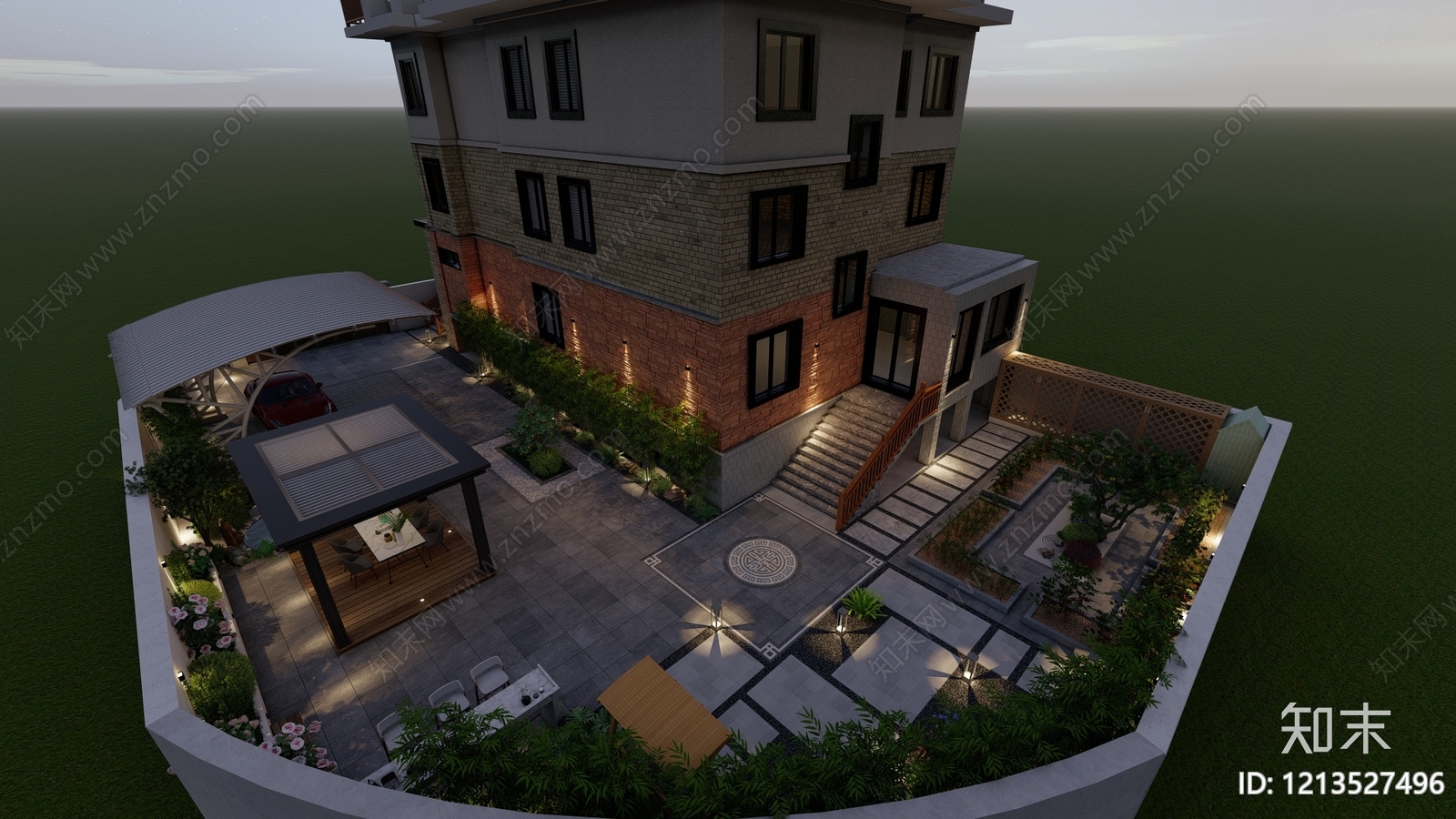 新中式别墅庭院SU模型下载【ID:1213527496】