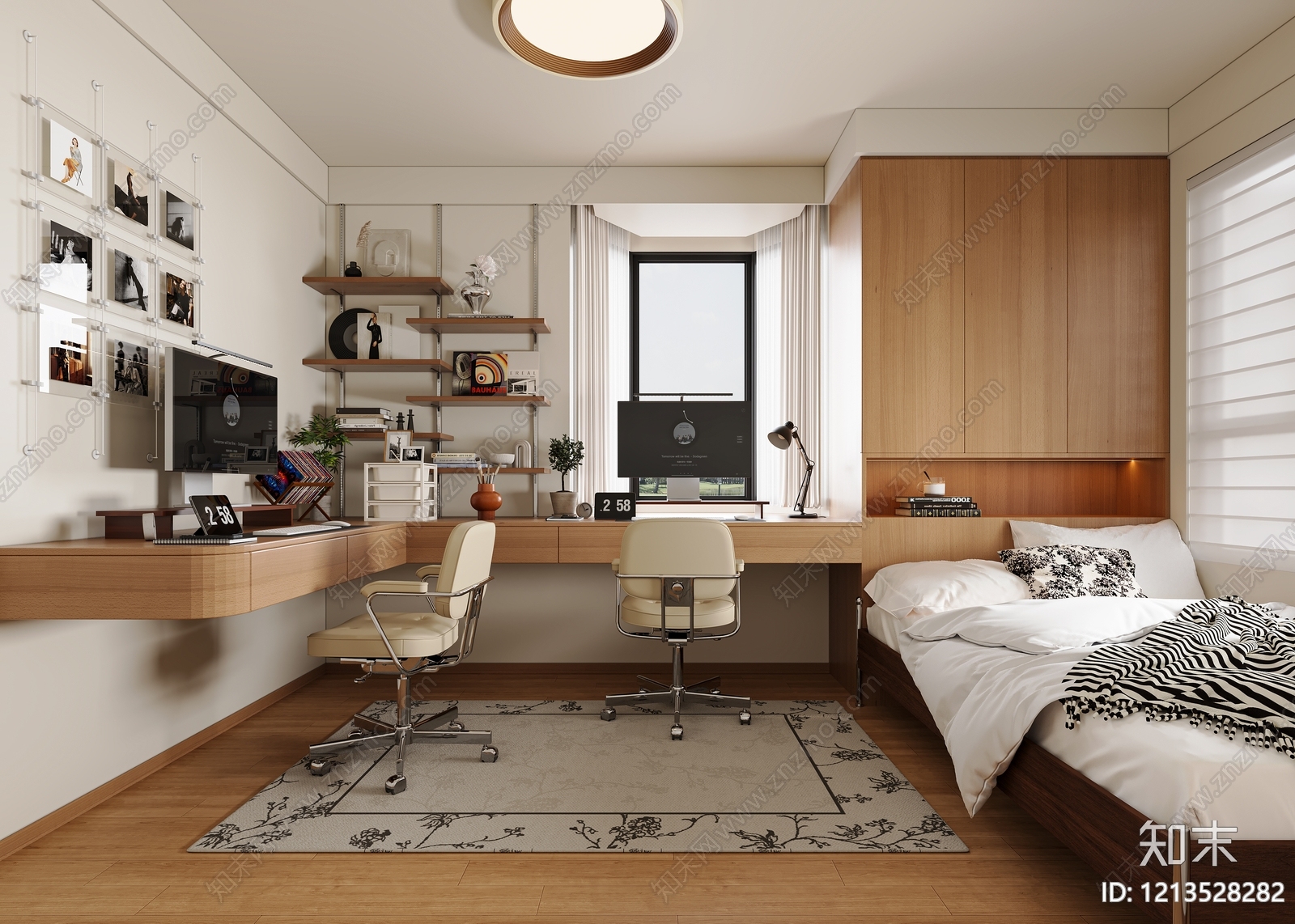 原木奶油风书房3D模型下载【ID:1213528282】