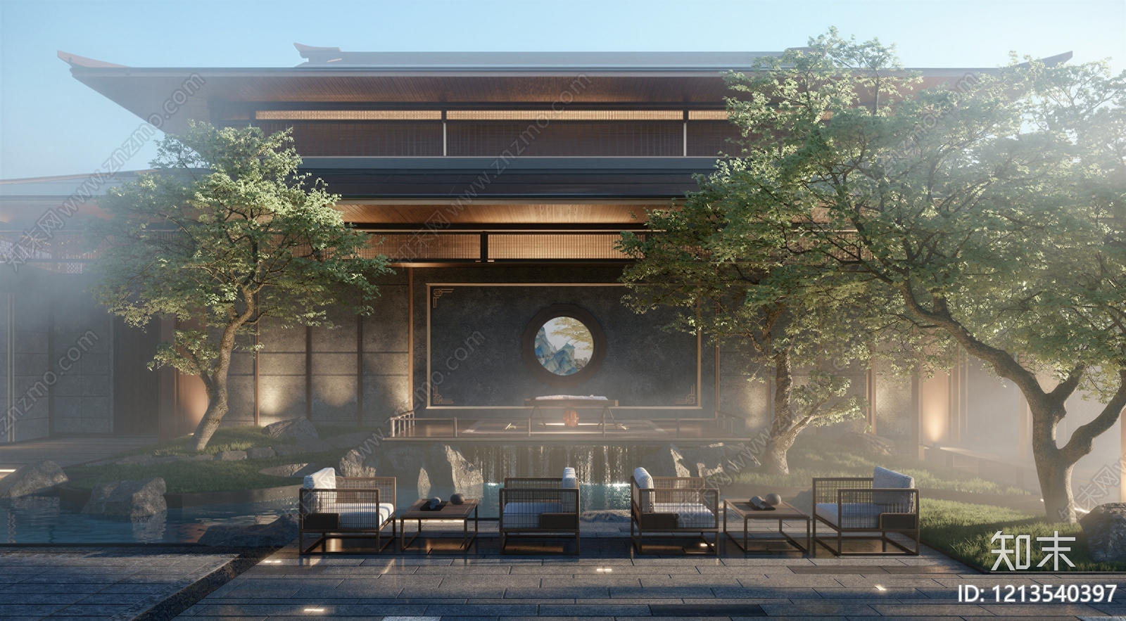 新中式别墅庭院SU模型下载【ID:1213540397】