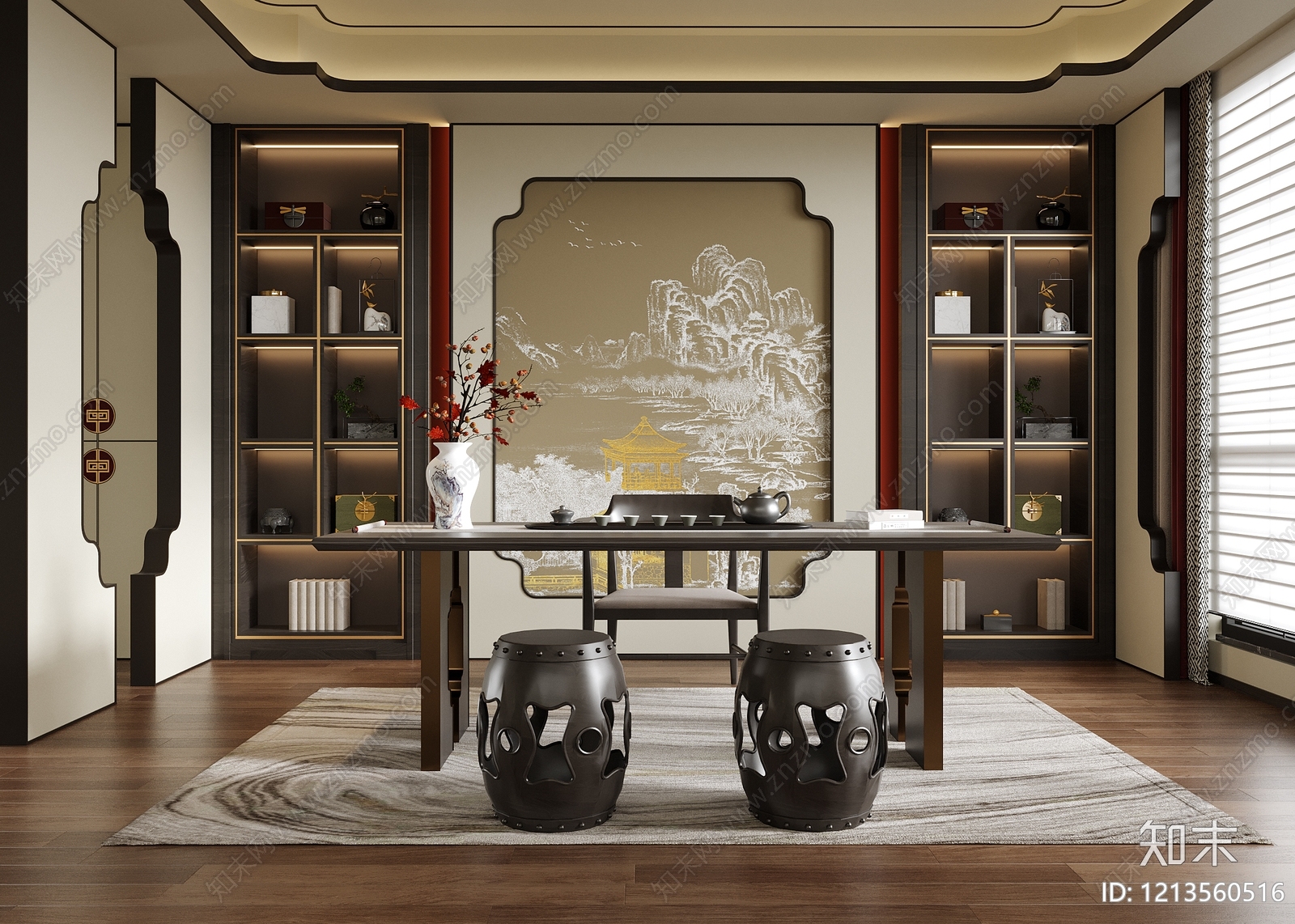 新中式茶室SU模型下载【ID:1213560989】
