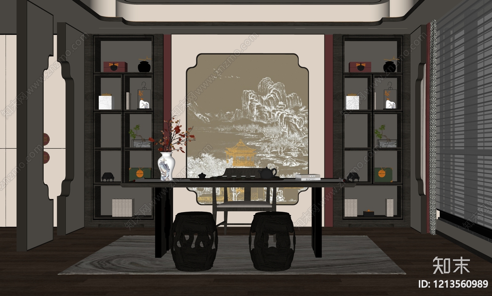 新中式茶室SU模型下载【ID:1213560989】