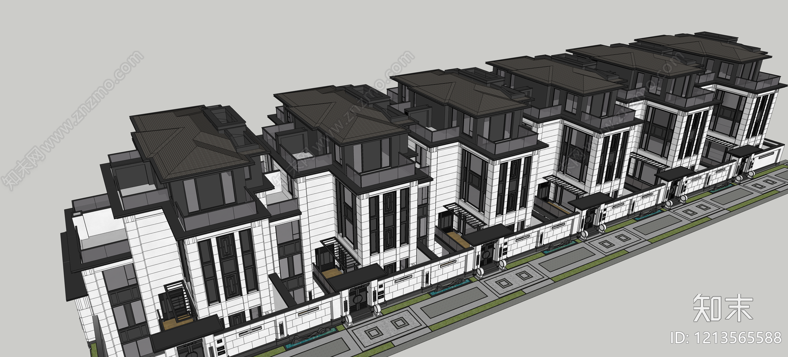 新中式联排别墅SU模型下载【ID:1213565588】