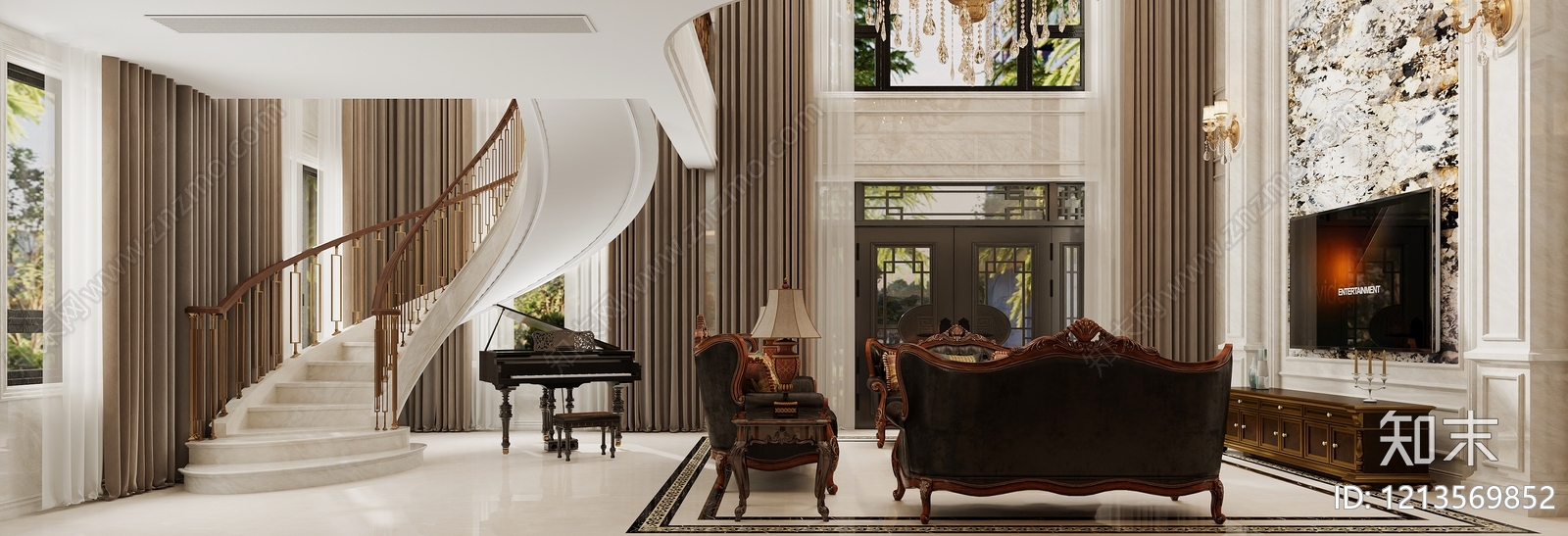 欧式古典别墅客厅3D模型下载【ID:1213569852】
