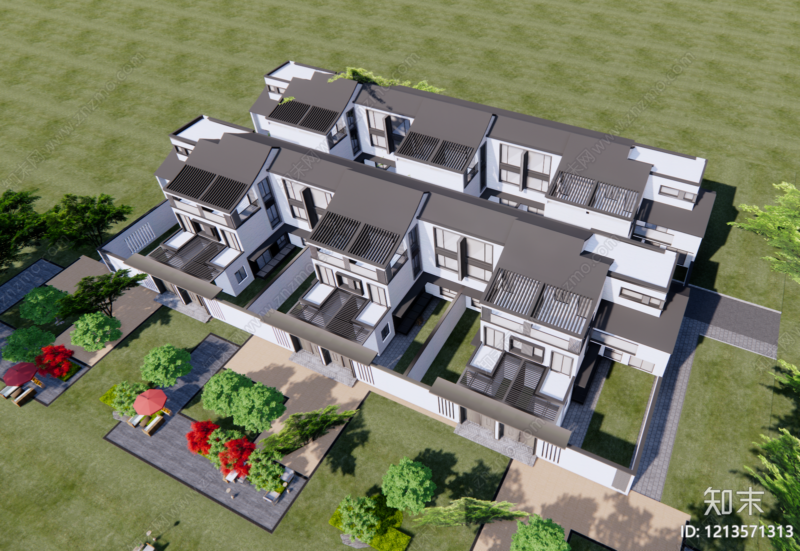 新中式联排别墅SU模型下载【ID:1213571313】