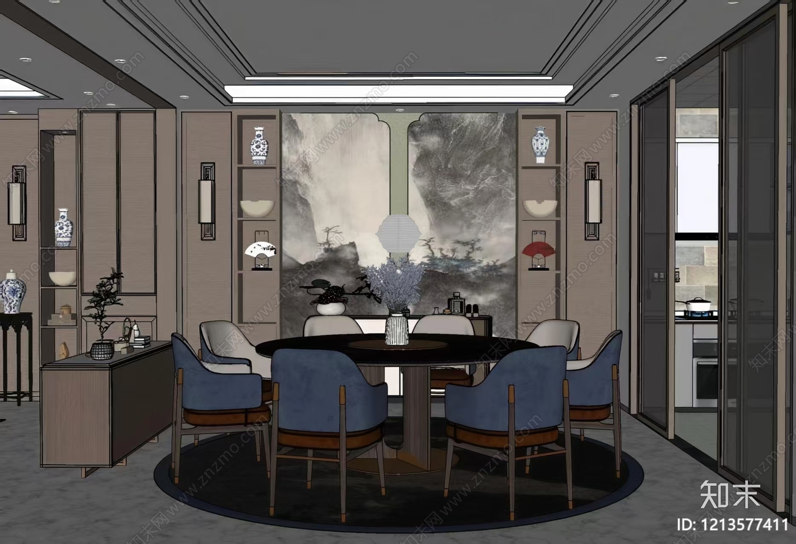 新中式家居餐厅SU模型下载【ID:1213577411】