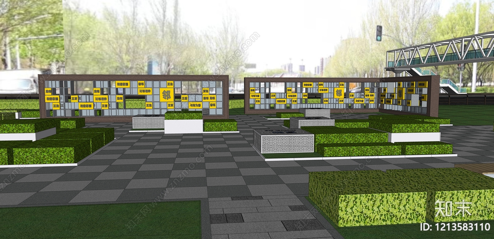 新中式景观景墙SU模型下载【ID:1213583110】