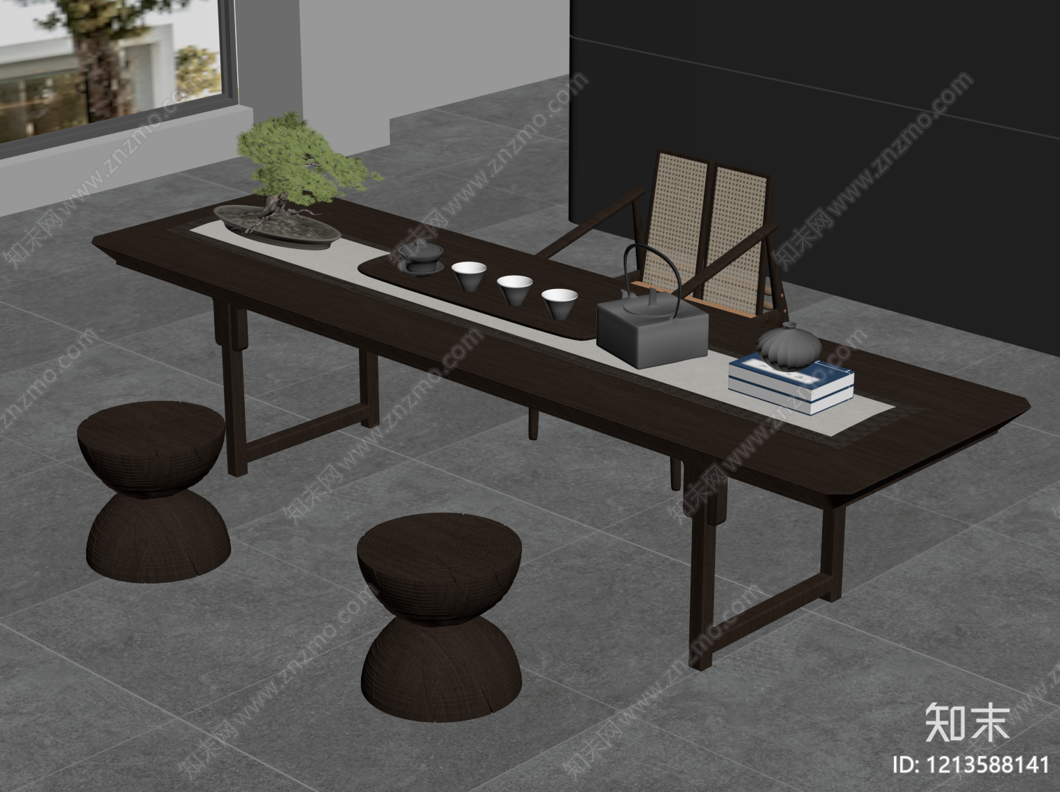 新中式茶桌椅SU模型下载【ID:1213588141】