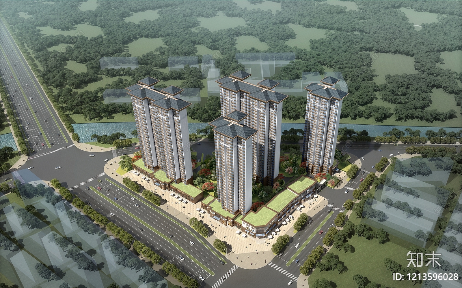 新中式小高层住宅楼3D模型下载【ID:1213596028】