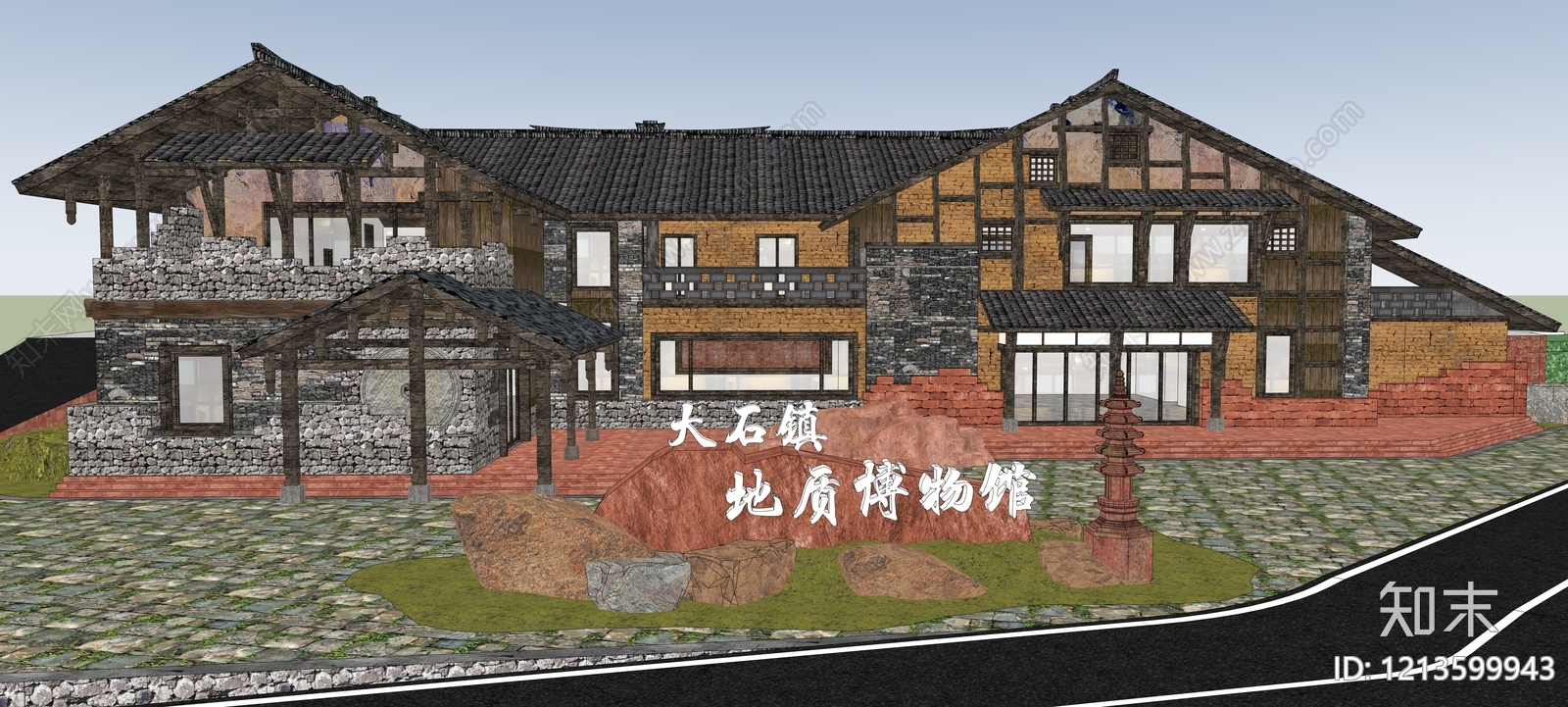 新中式博物馆SU模型下载【ID:1213599943】