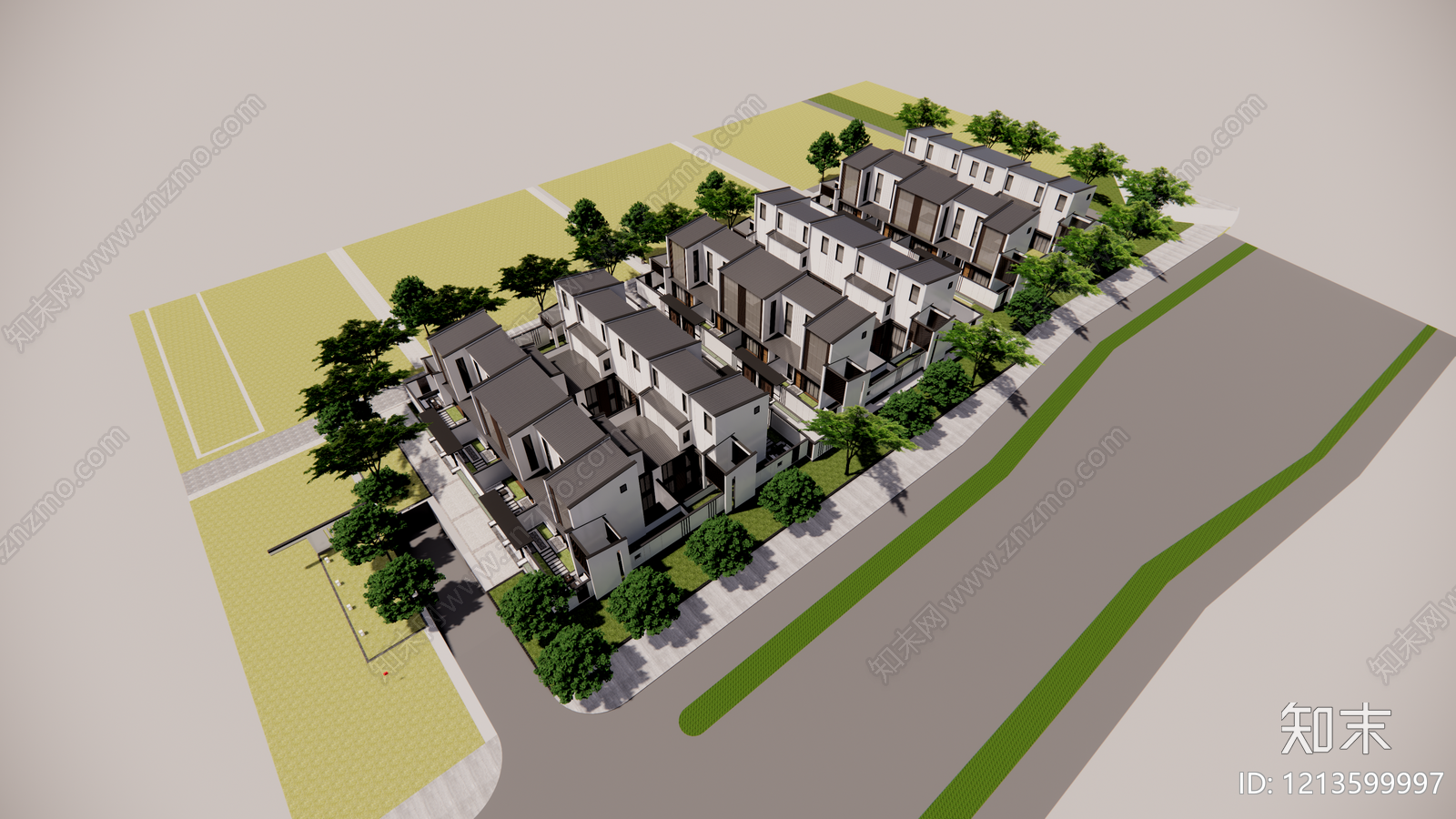 新中式联排别墅SU模型下载【ID:1213599997】