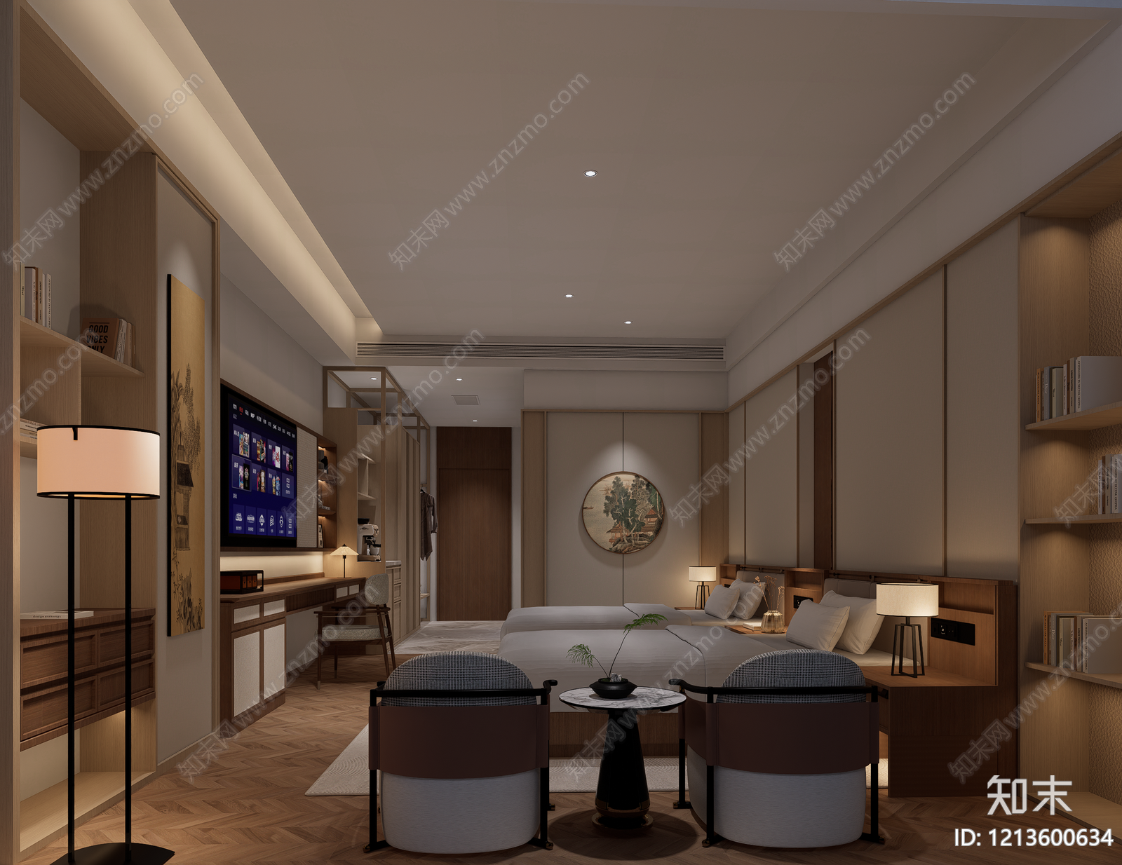 新中式酒店客房SU模型下载【ID:1213600634】