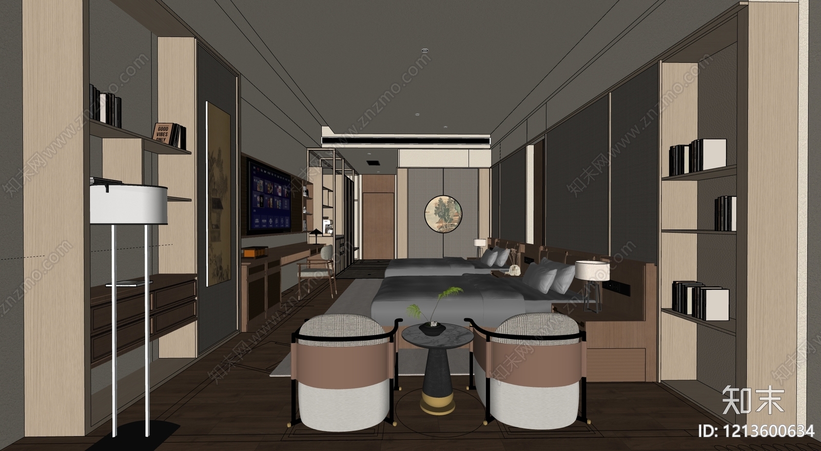 新中式酒店客房SU模型下载【ID:1213600634】