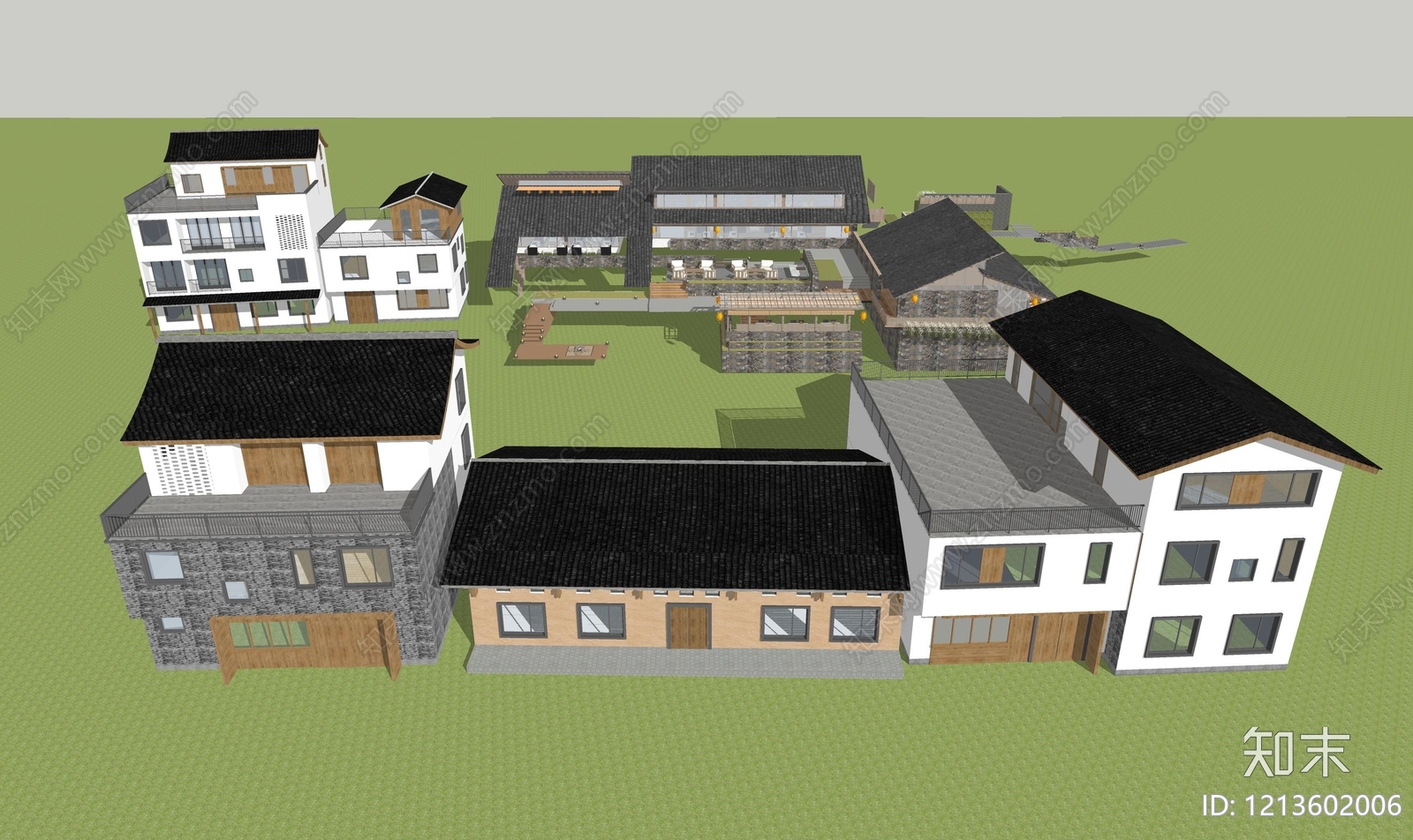 新中式民宿建筑SU模型下载【ID:1213602006】
