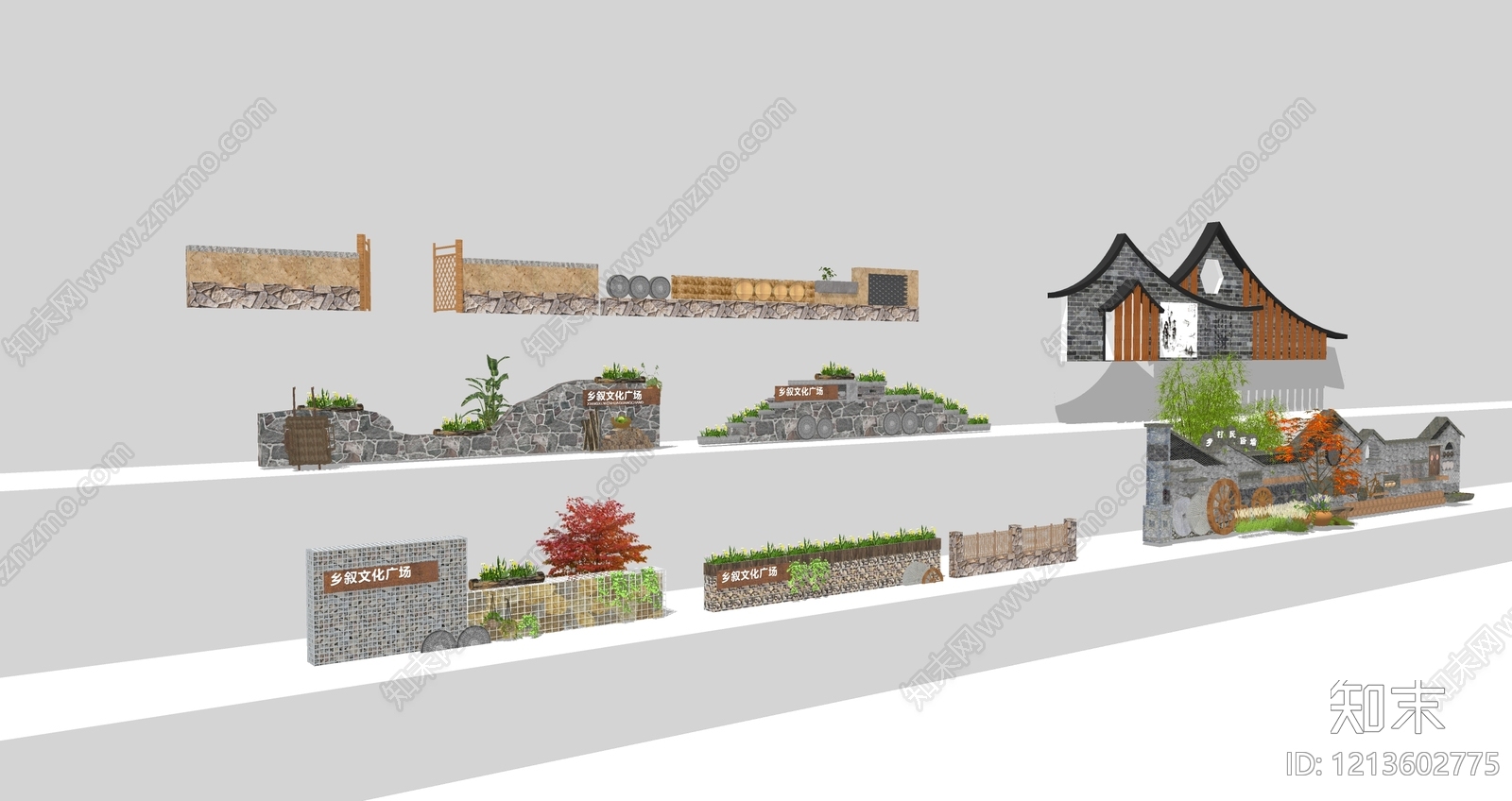 新中式景观景墙SU模型下载【ID:1213602775】