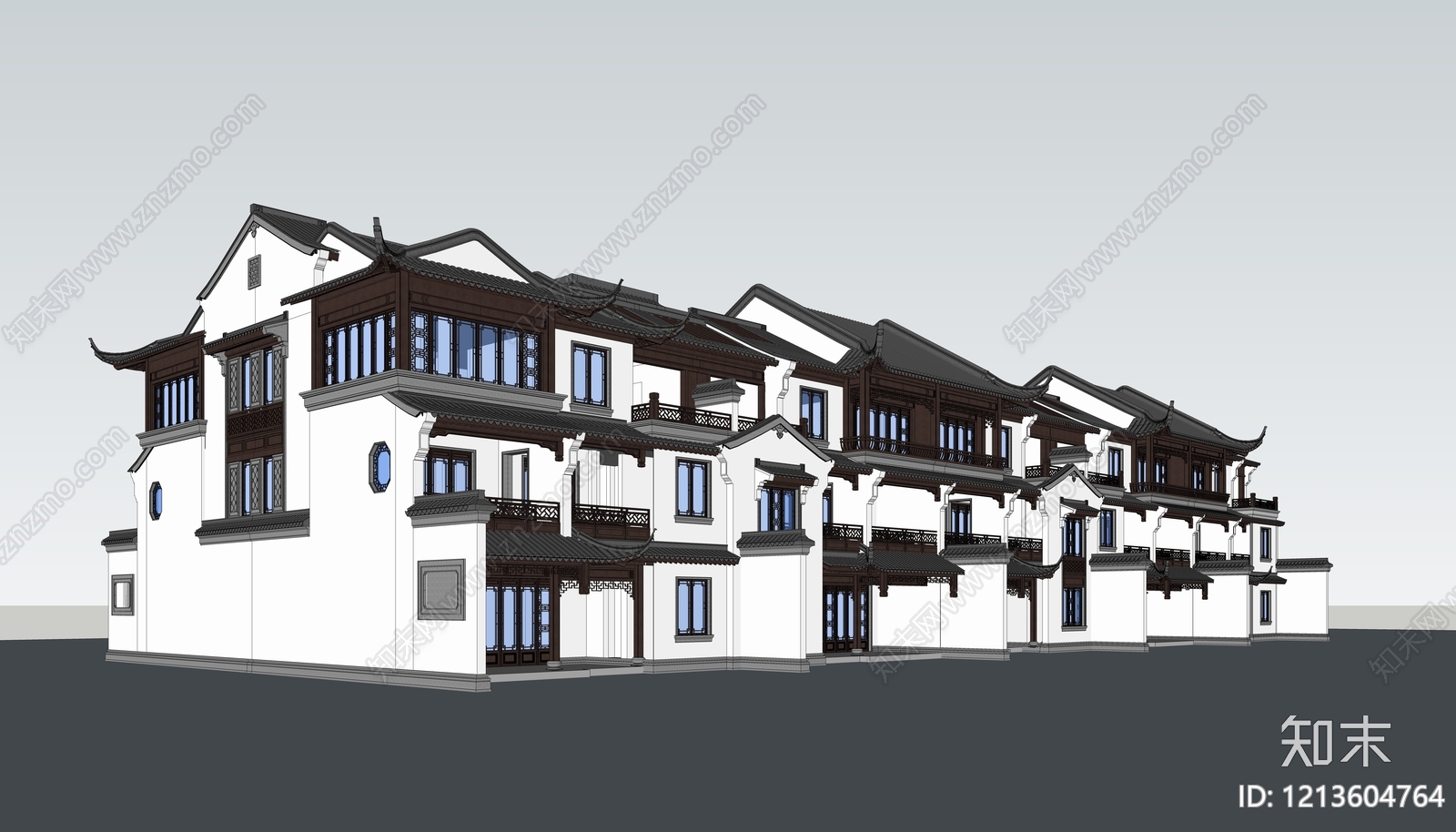 新中式联排别墅SU模型下载【ID:1213604764】