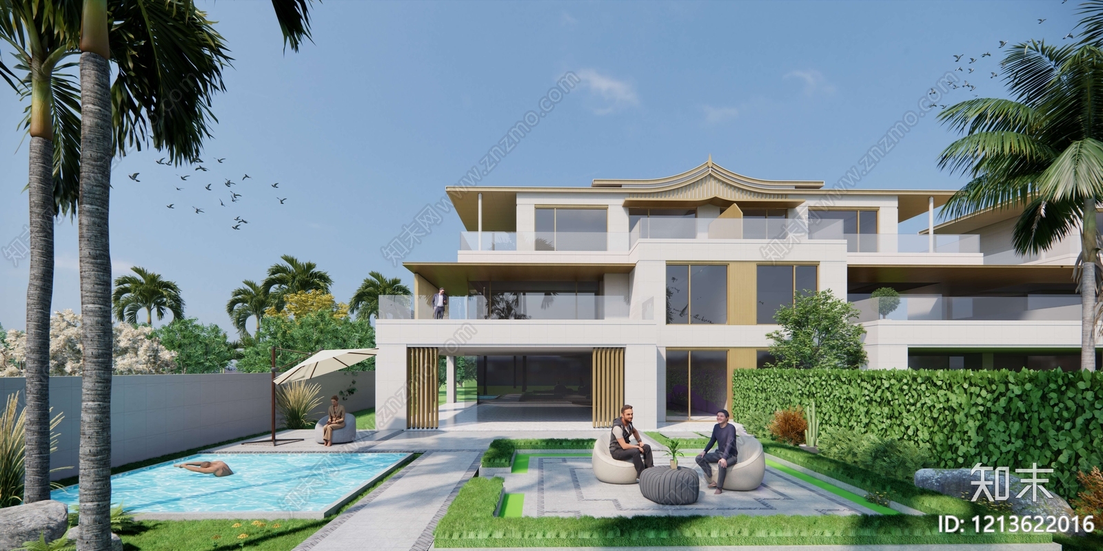 新中式联排别墅SU模型下载【ID:1213622016】