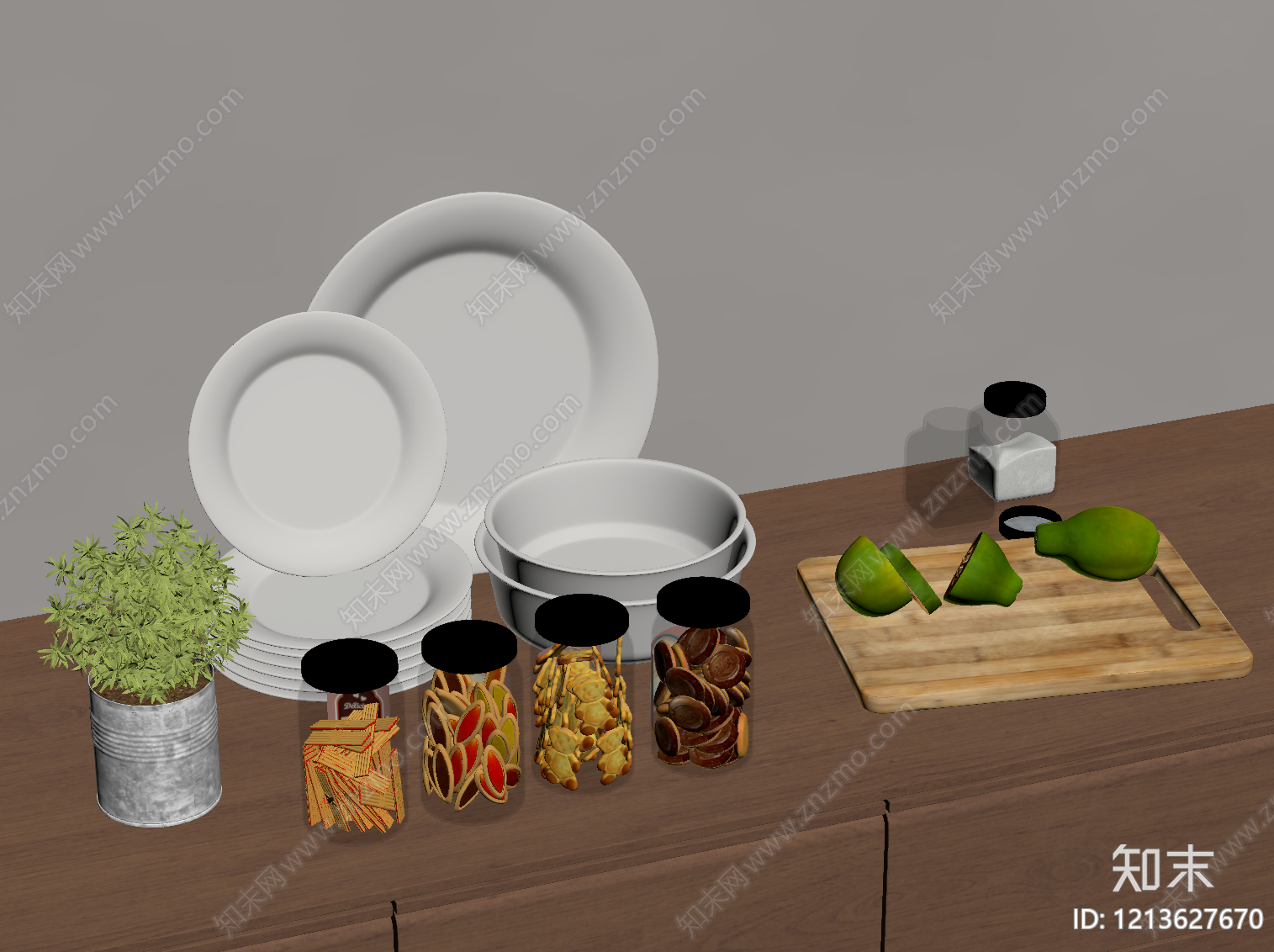 原木风厨房用品组合SU模型下载【ID:1213627670】
