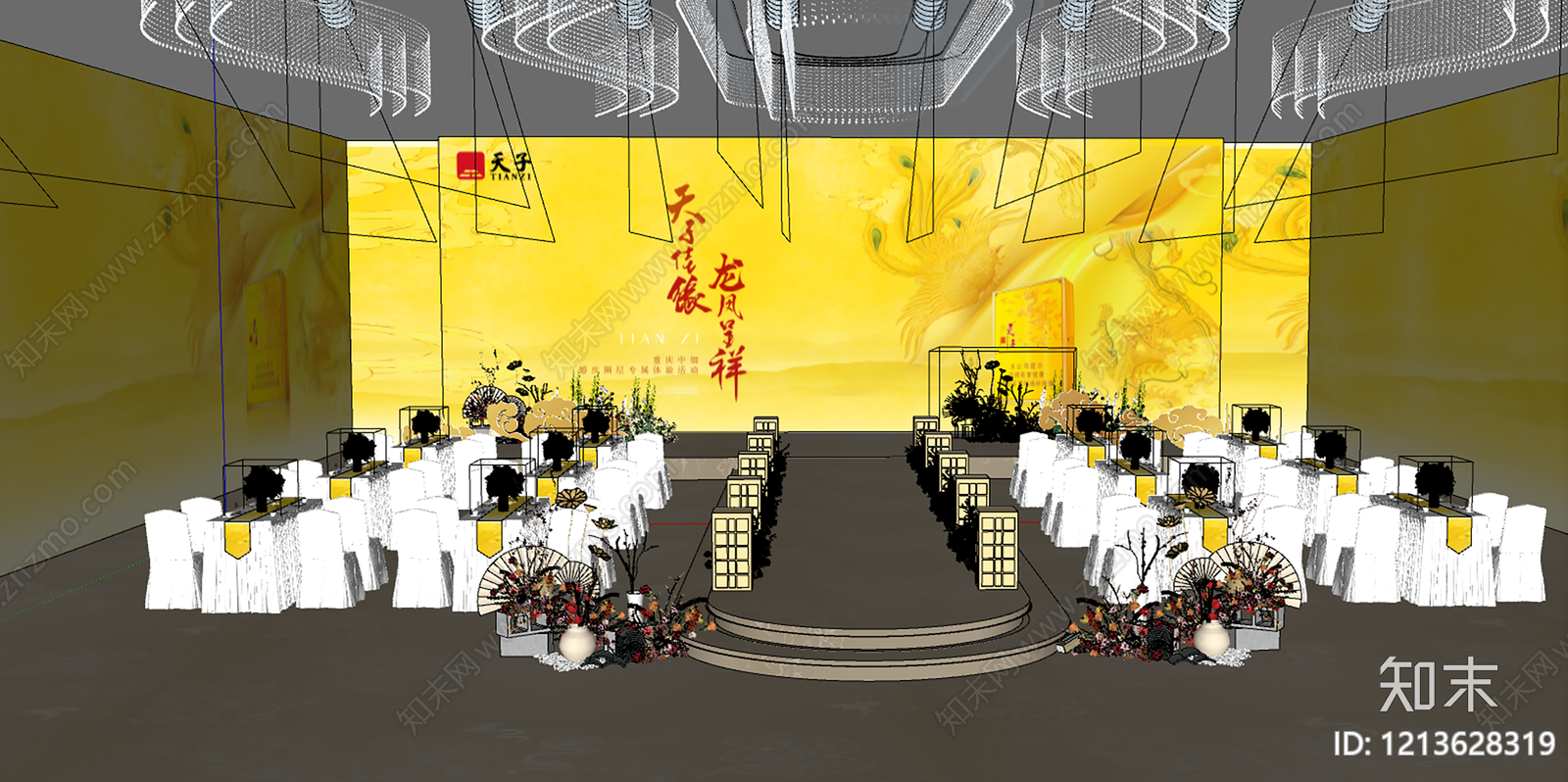 新中式宴会厅SU模型下载【ID:1213628319】