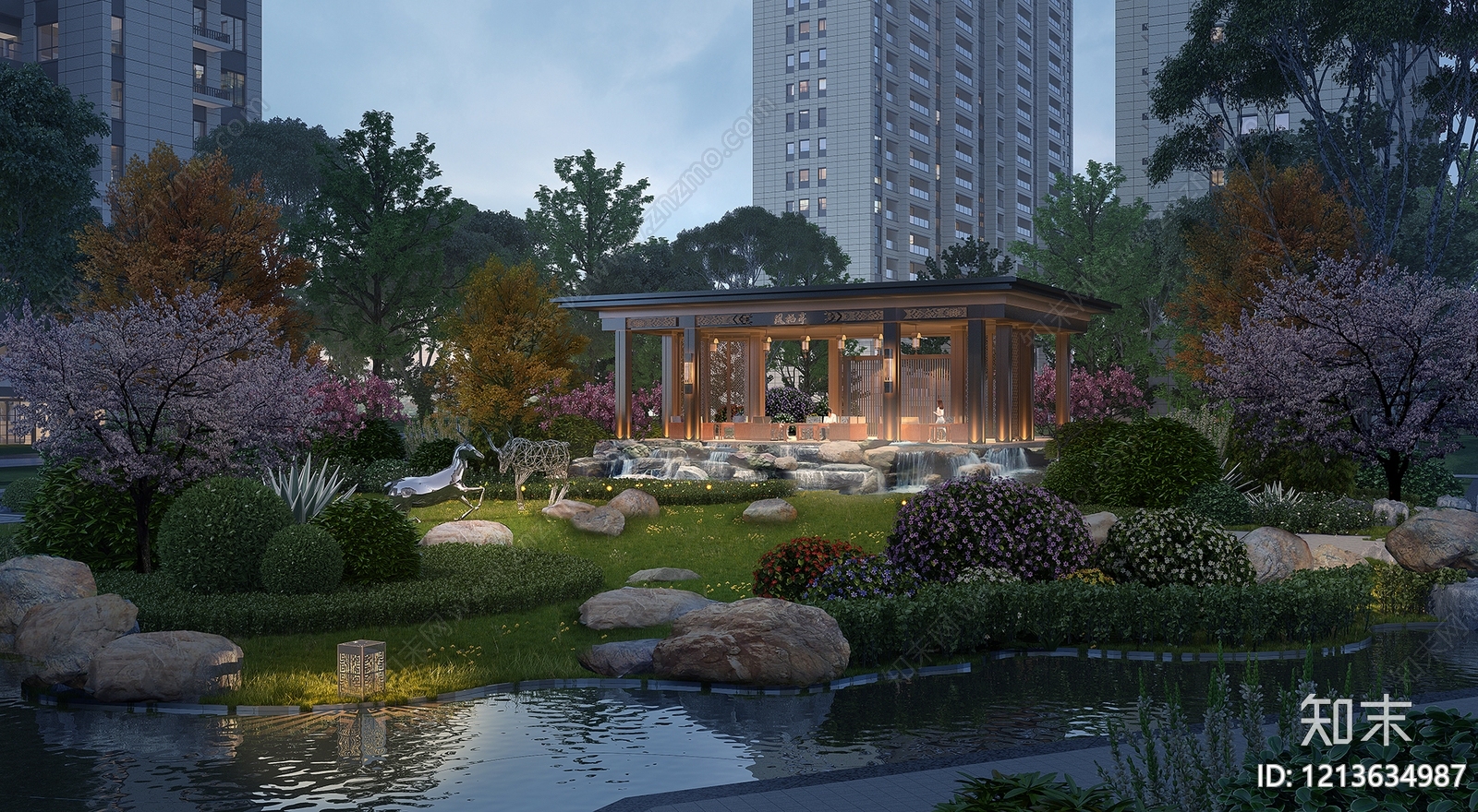 新中式景观住宅景观3D模型下载【ID:1213634987】