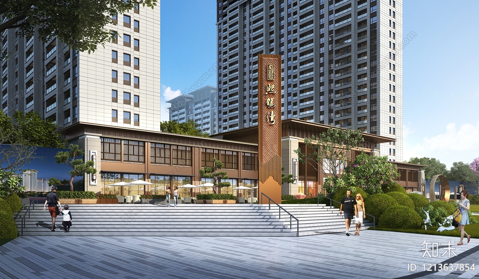 新中式售楼处外观3D模型下载【ID:1213637854】