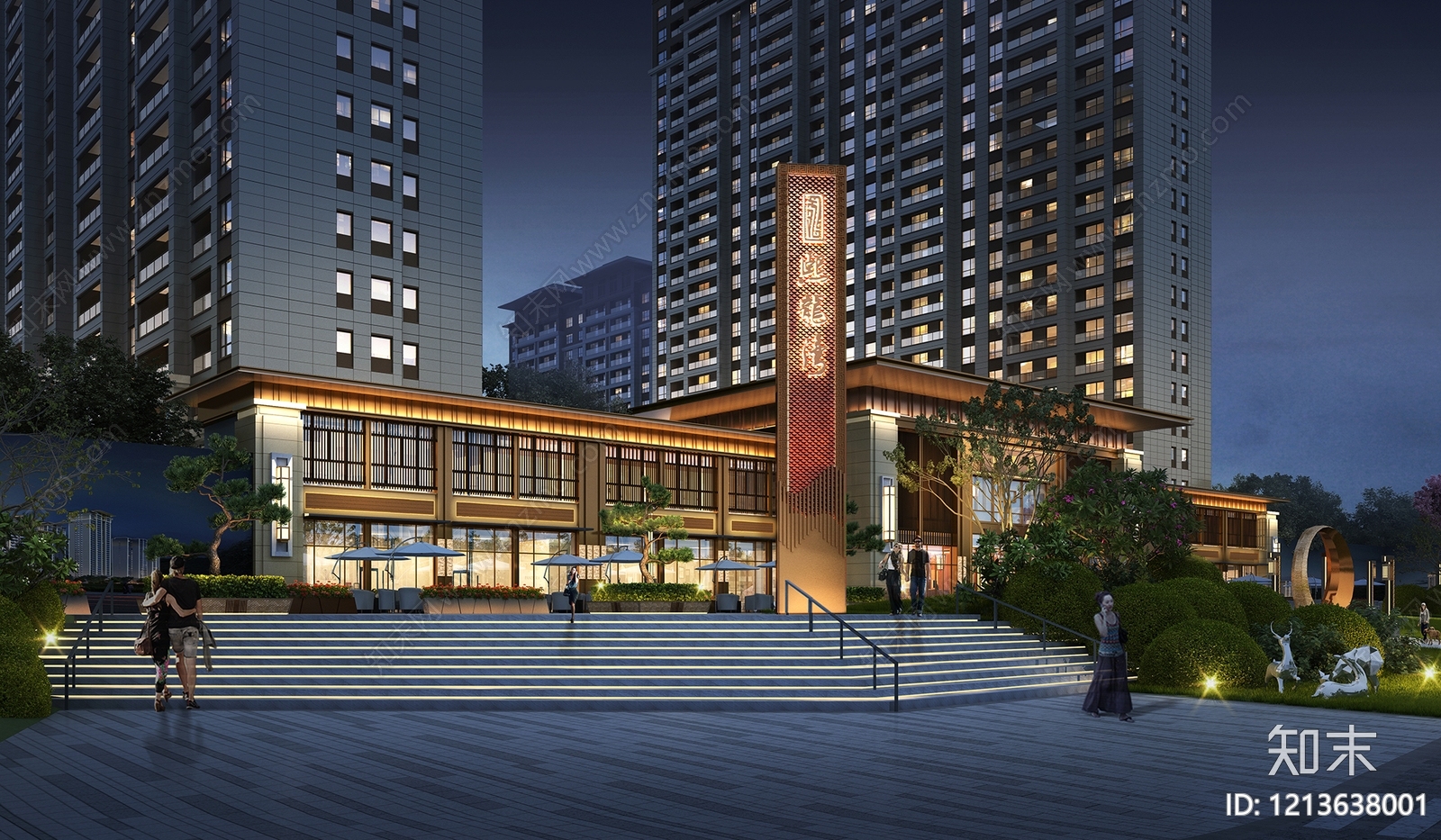 新中式售楼处外观3D模型下载【ID:1213638001】