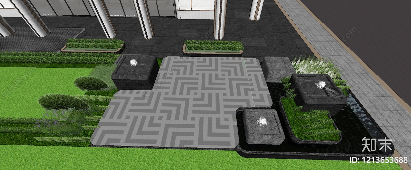 新中式喷泉SU模型下载【ID:1213653688】