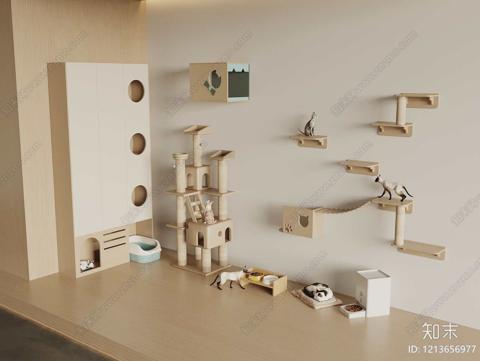原木奶油风猫爬架3D模型下载【ID:1213656977】