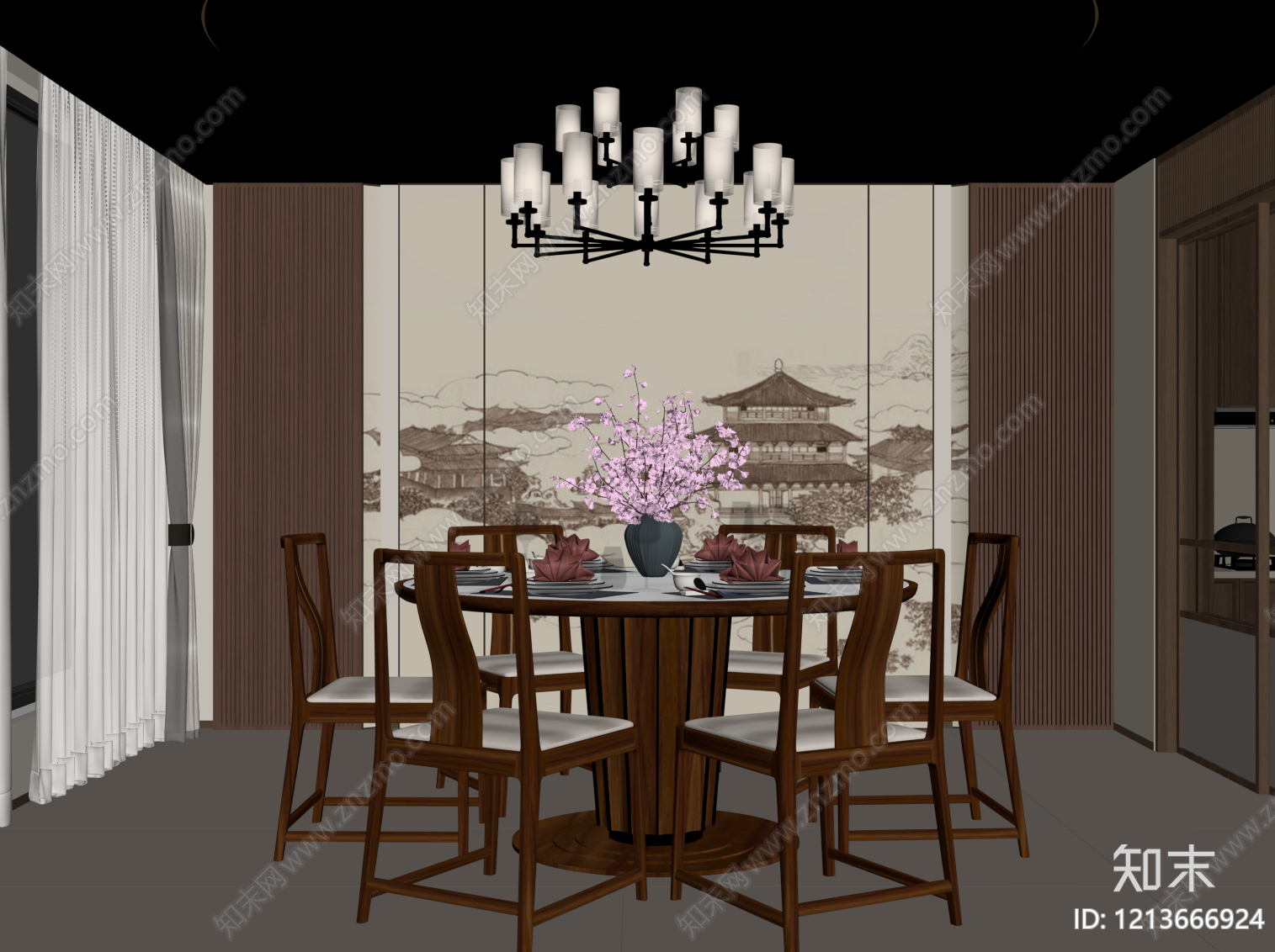 新中式家居餐厅SU模型下载【ID:1213666924】
