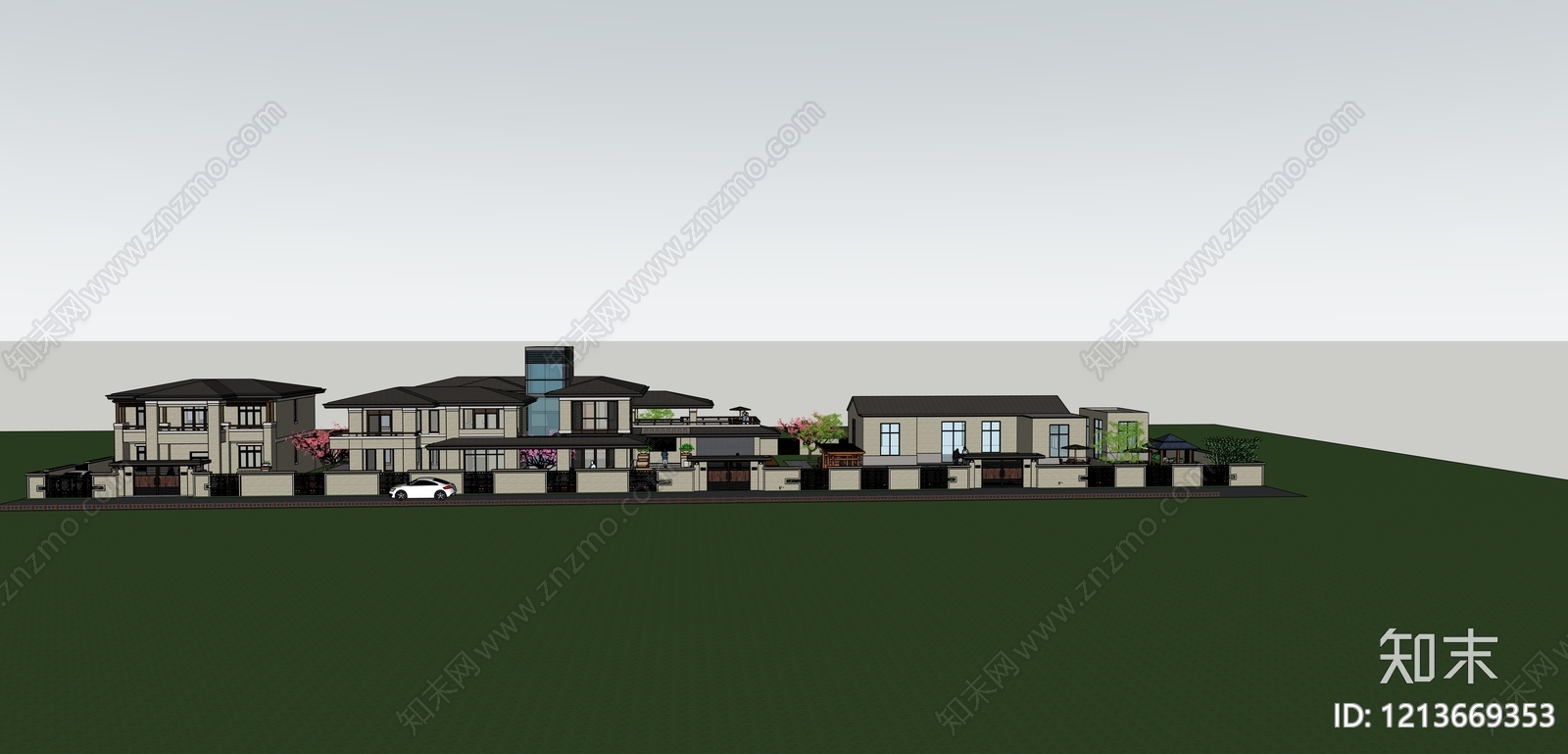 新中式联排别墅SU模型下载【ID:1213669353】