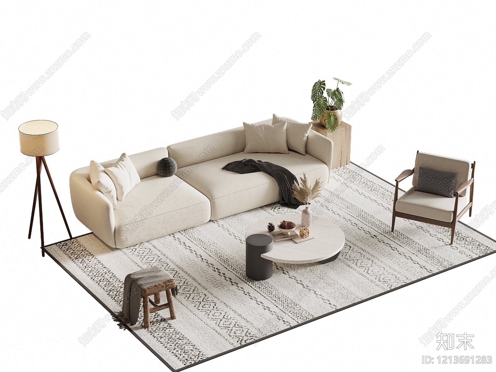 奶油风多人沙发3D模型下载【ID:1213691283】