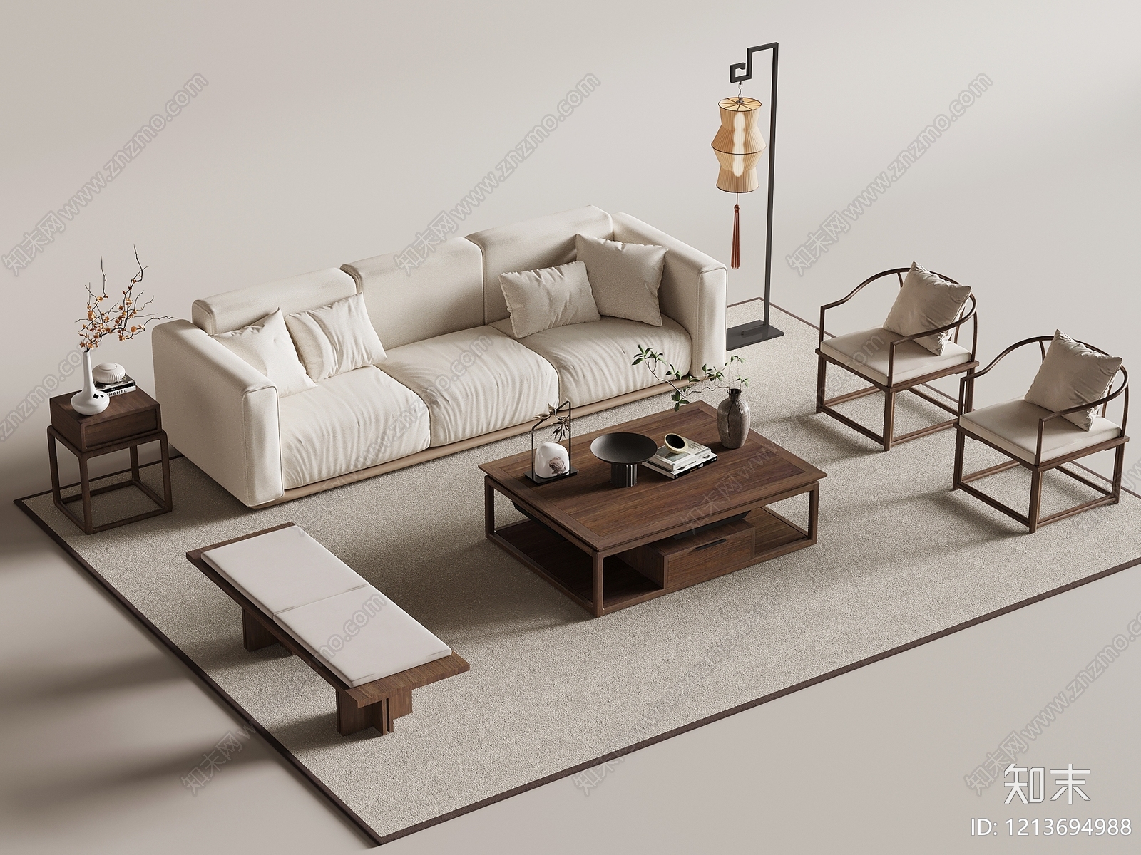 新中式多人沙发3D模型下载【ID:1213694988】