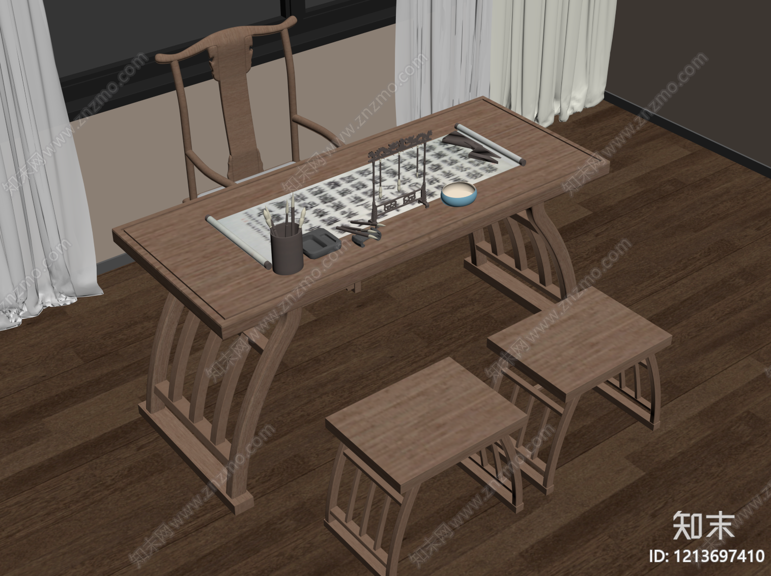 新中式书桌椅SU模型下载【ID:1213697410】
