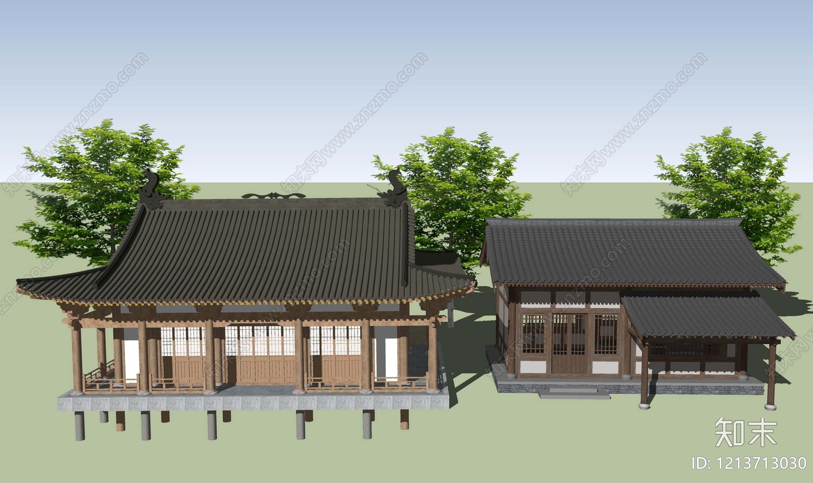 新中式古建筑SU模型下载【ID:1213713030】