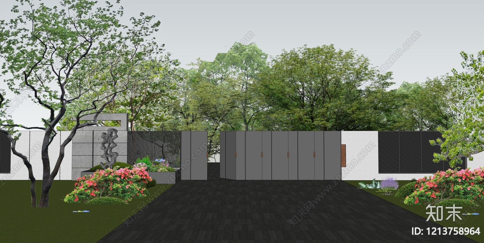 新中式景观别墅庭院SU模型下载【ID:1213758964】