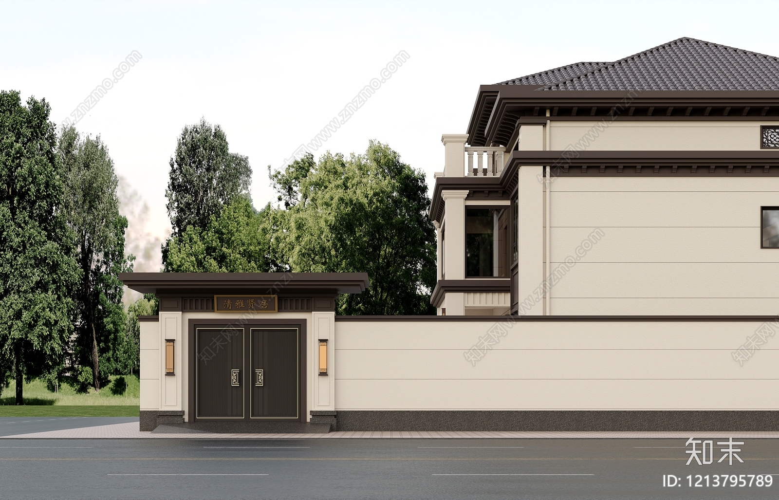 新中式别墅外观3D模型下载【ID:1213795789】