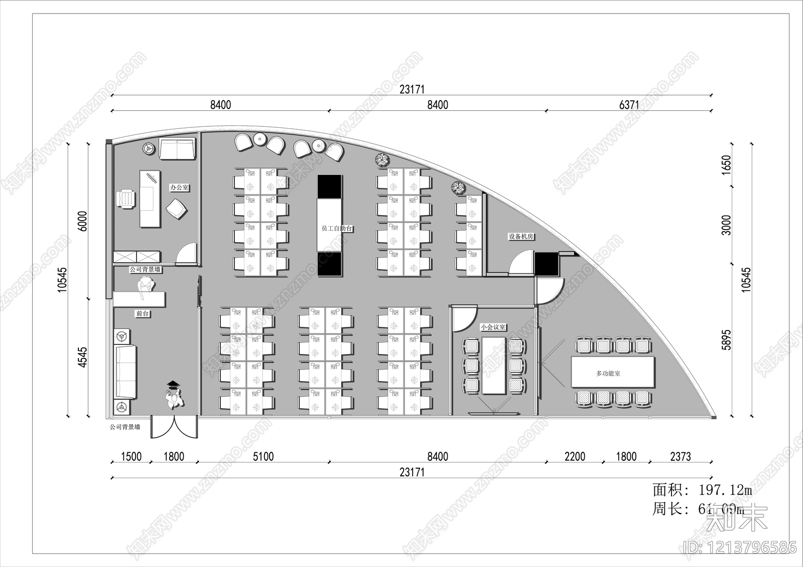 现代,极简开放办公室CAD图纸